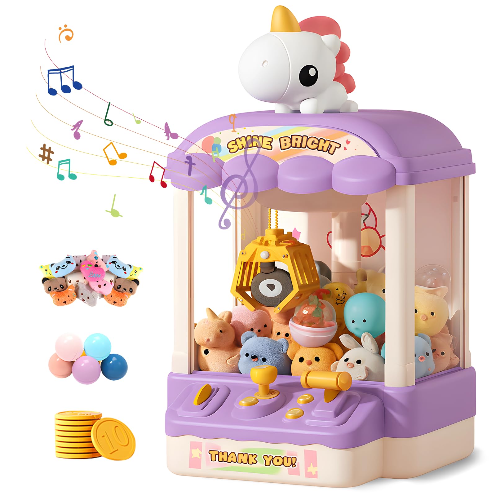 Claw Machine for Kids, Grabber Machine Fun Toy, Unicorn-Themed Surprise Toy for Girls & Boys, Adjustable Music Sound, Includes 20 Mini Dolls, 10 Gachapons & 15 Coins, Christmas & Birthday Gift, Purple