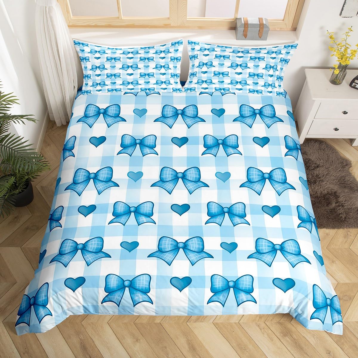 Homewish Blue Bow Girls Double Duvet Cover Watercolor Chic Checkered Bedding Set for Kids Teens Adults, Cute Bowknots Hearts Pattern Quilt Cover Retro Chessboard Grid Print Bed Set, Reversible