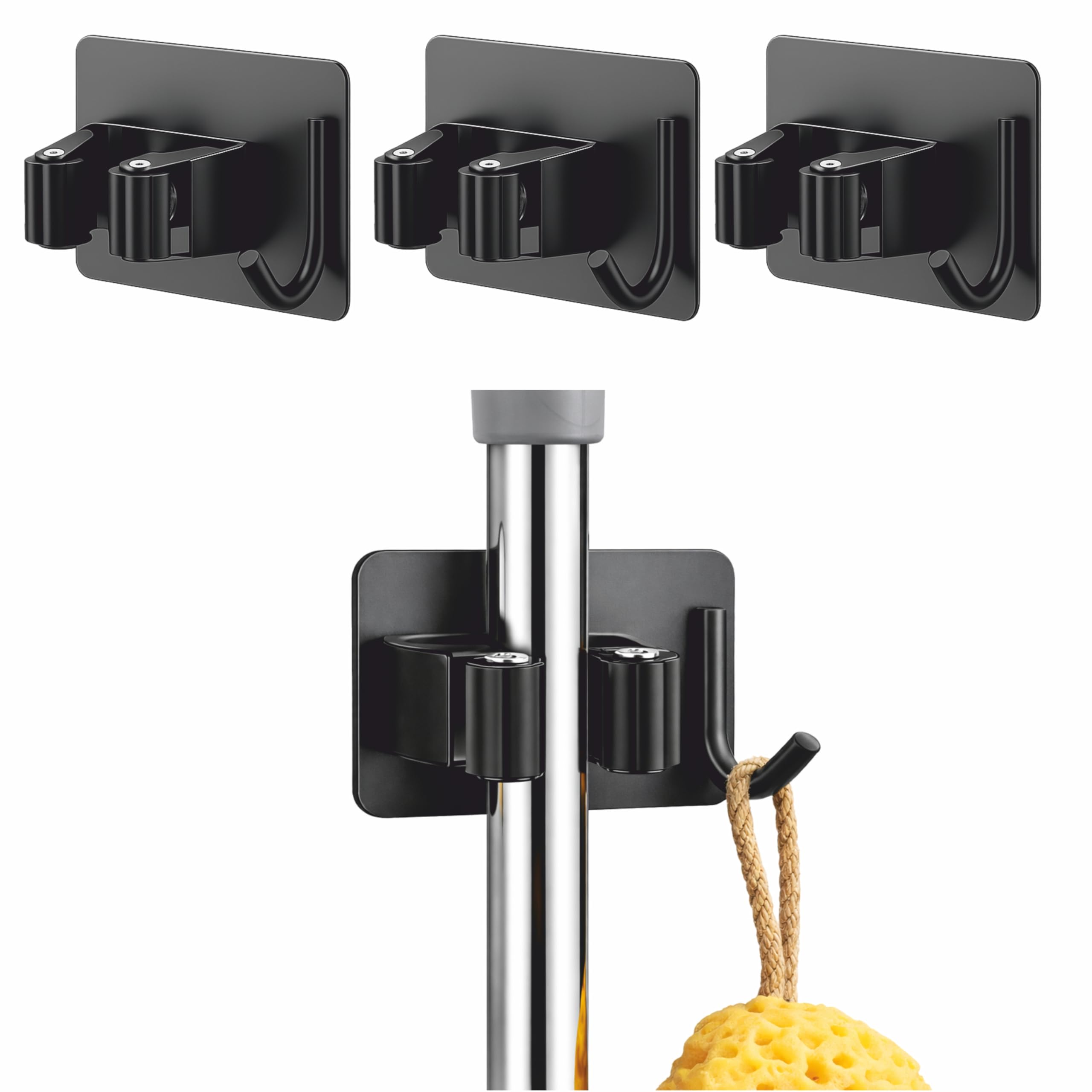 JIALTO 3 Pcs Stainless Steel Broom Holder with Hook - Wall-Mounted Adhesive Waterproof Rustproof Heavy Duty Broom and Mop Stick Holder