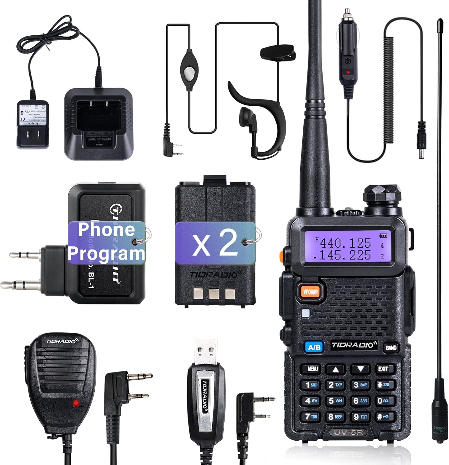 TIDRADIO UV5R Ham Radio Handheld Walkie Talkie Full Kit with Wireless Programmer