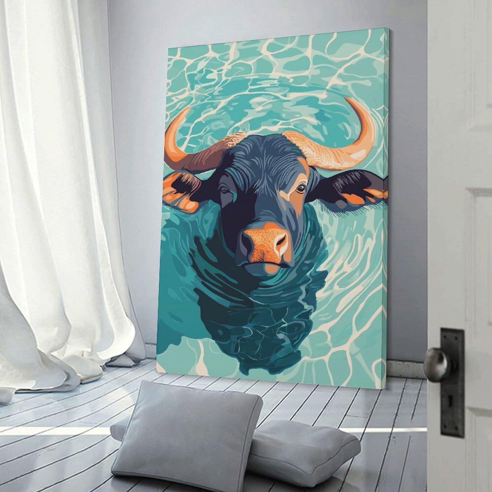 Junmoney Water Buffalo in Water Illustration Canvas Art Print 20x30inch(50x75cm), for Front Hall, Corridor Or Welcome Spaces, Home Artwork for First Impressions