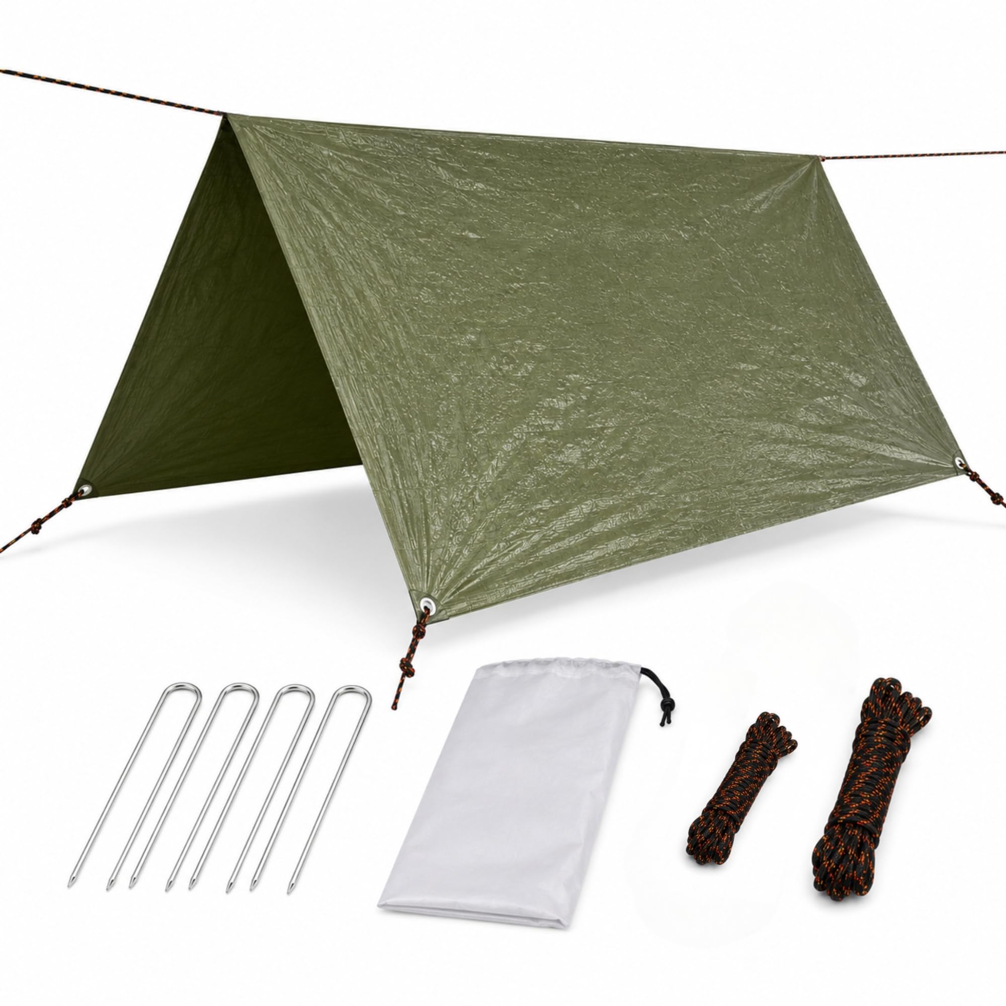 Tarp 3 x 3 m Imperméable, Bâche Camping avec Sardines | Sardines en Acier Inoxydable, Cordes de Fixation et Sac de Transport, Abri Outdoor pour Bivouac, Randonnée et Bushcraft