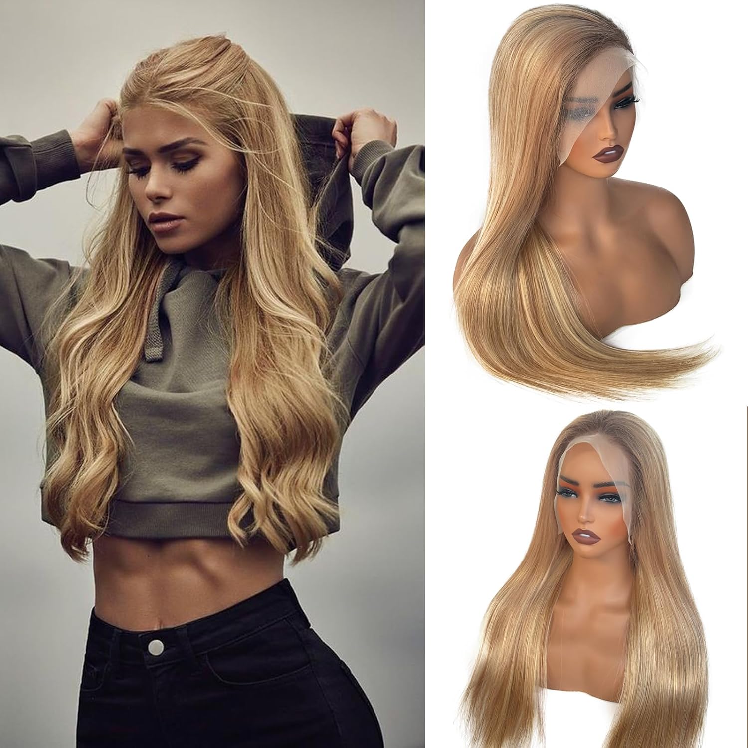 Upgrade Highlight 13*4 Lace Closure Human Hair Wig, Ombre Blonde Straight Skilly Lace Front Wigs 10A Brazilian Virgin Hair, Pre Plucked with Baby Hair Natural Hairline Colored Brown with Blonde Wigs