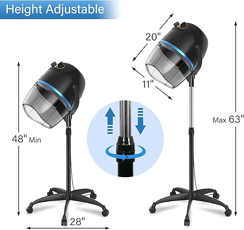 Miniatura 5 de Secador de pelo con capucha ajustable de 1300 W, equipo de salón con base rodante para secado de cabello en el hogar