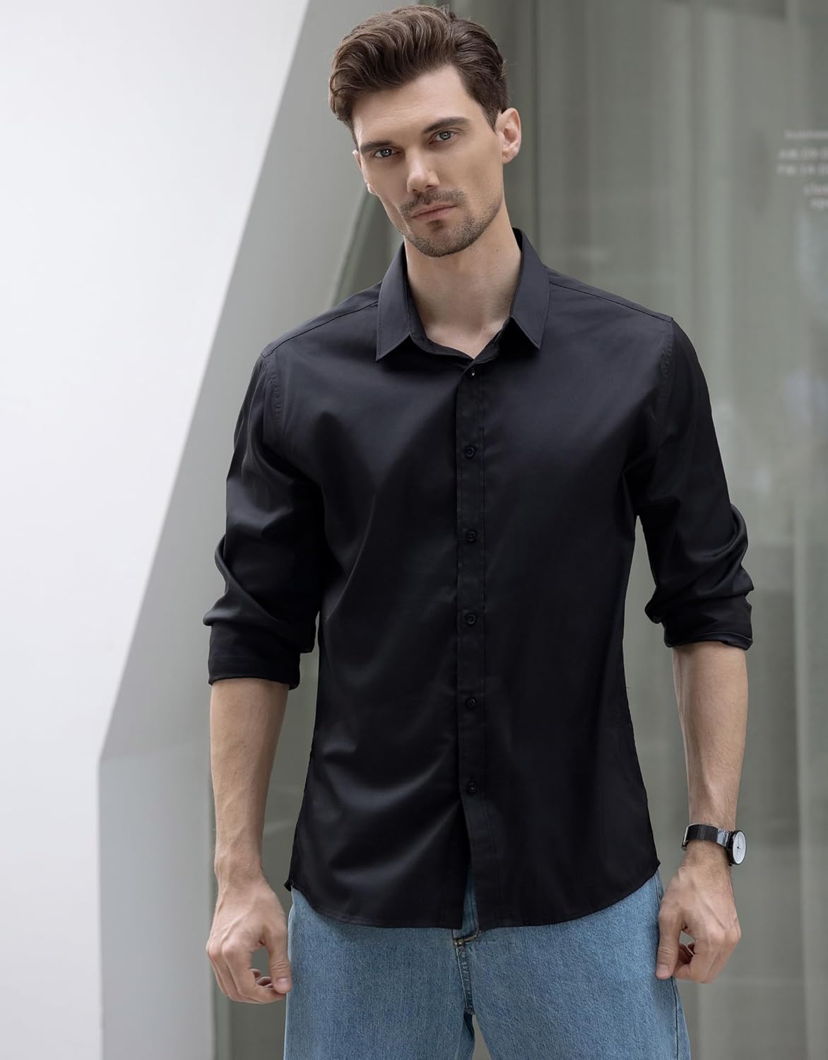 Beninos Men's Dress Shirts Solid Long Sleeve Texture Formal Shirt Business Casual Button Down Shirts - Image 2