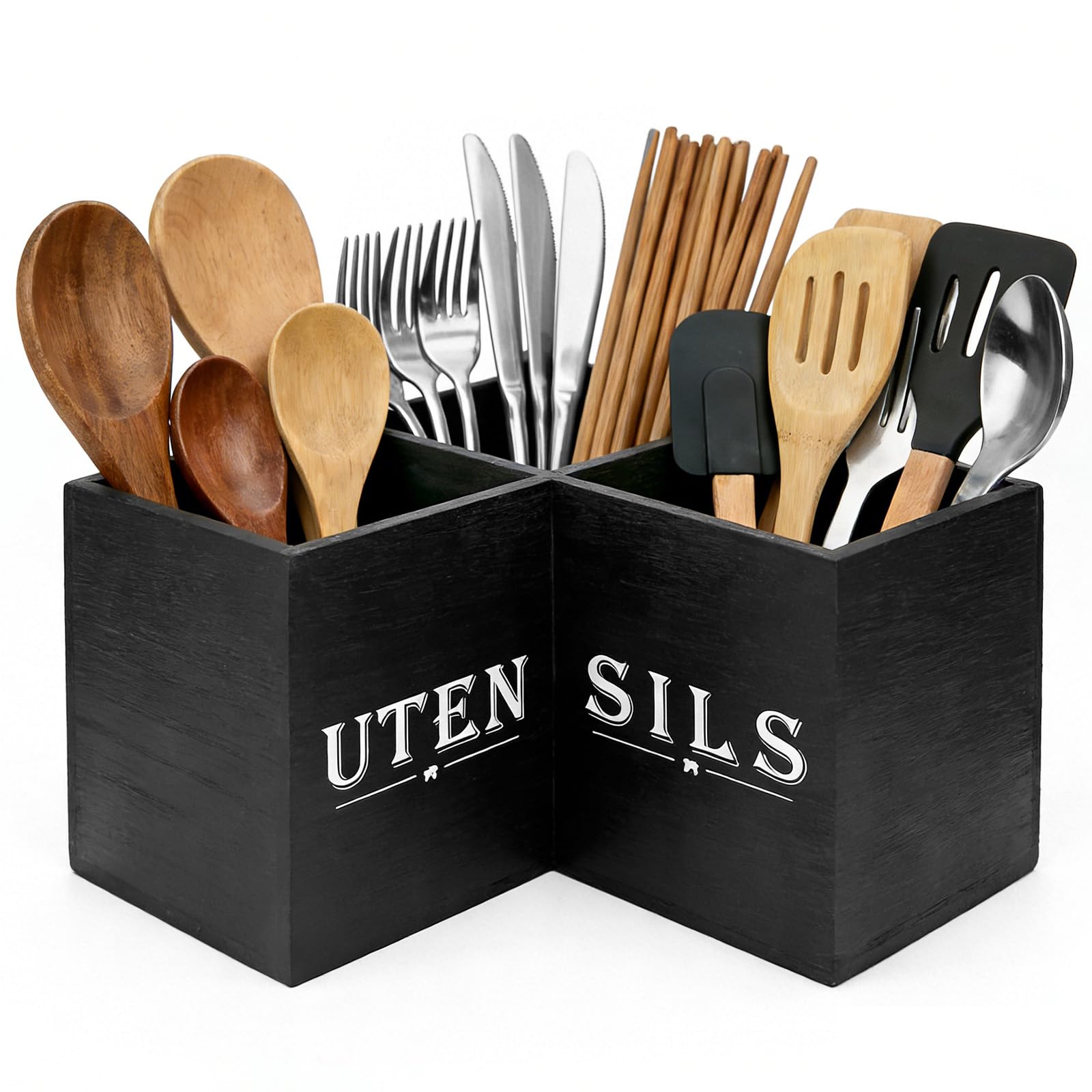 Extra Large Kitchen Utensils Holder - Black Utensil Holder Cooking Utensil Organizer with 3 Compartment Wooden Corner Utensil Caddy Farmhouse Cutlery Caddy, Cooking Tools Storage for Countertop