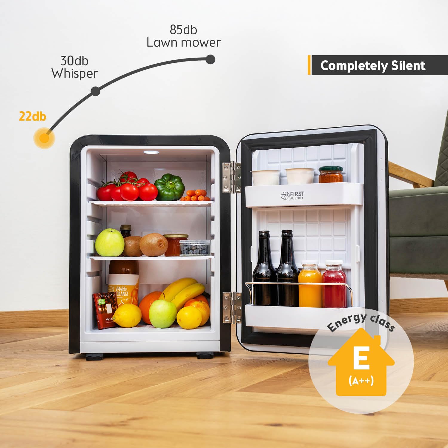 TZS First Austria - Retro Mini Fridge 40L Silent - Small mini fridge in vintage design with interior lighting & 2 door compartments - Minibar for camping, office, bedroom & hotel - black — view 3