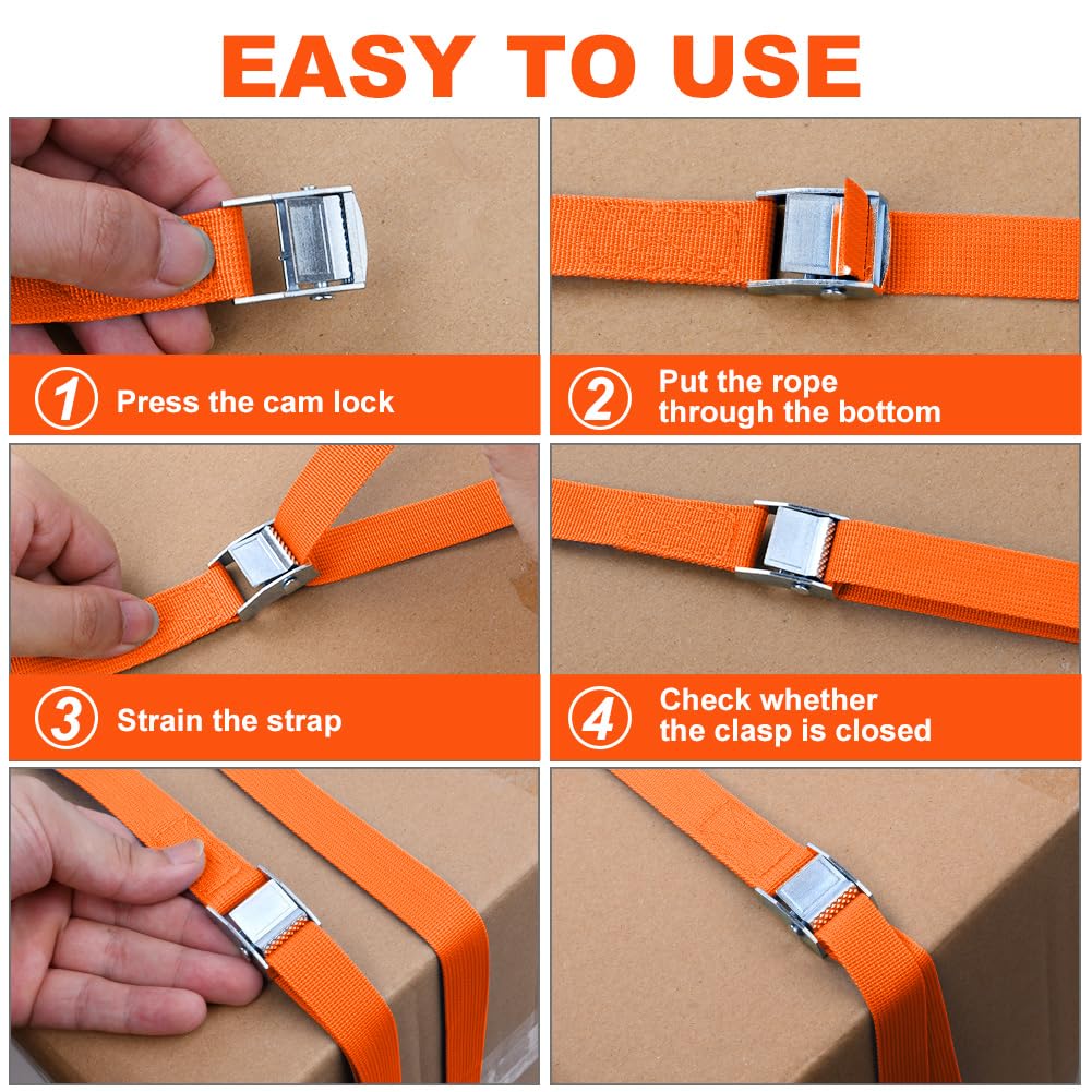URAQT 4 Pcs 180kg Cinchas Correa de Amarre Rapido Hebilla, para Baca Coche, Portabicicletas, Surf, Bici, Kayak, Moto Resistente, 2M Naranja — view 4