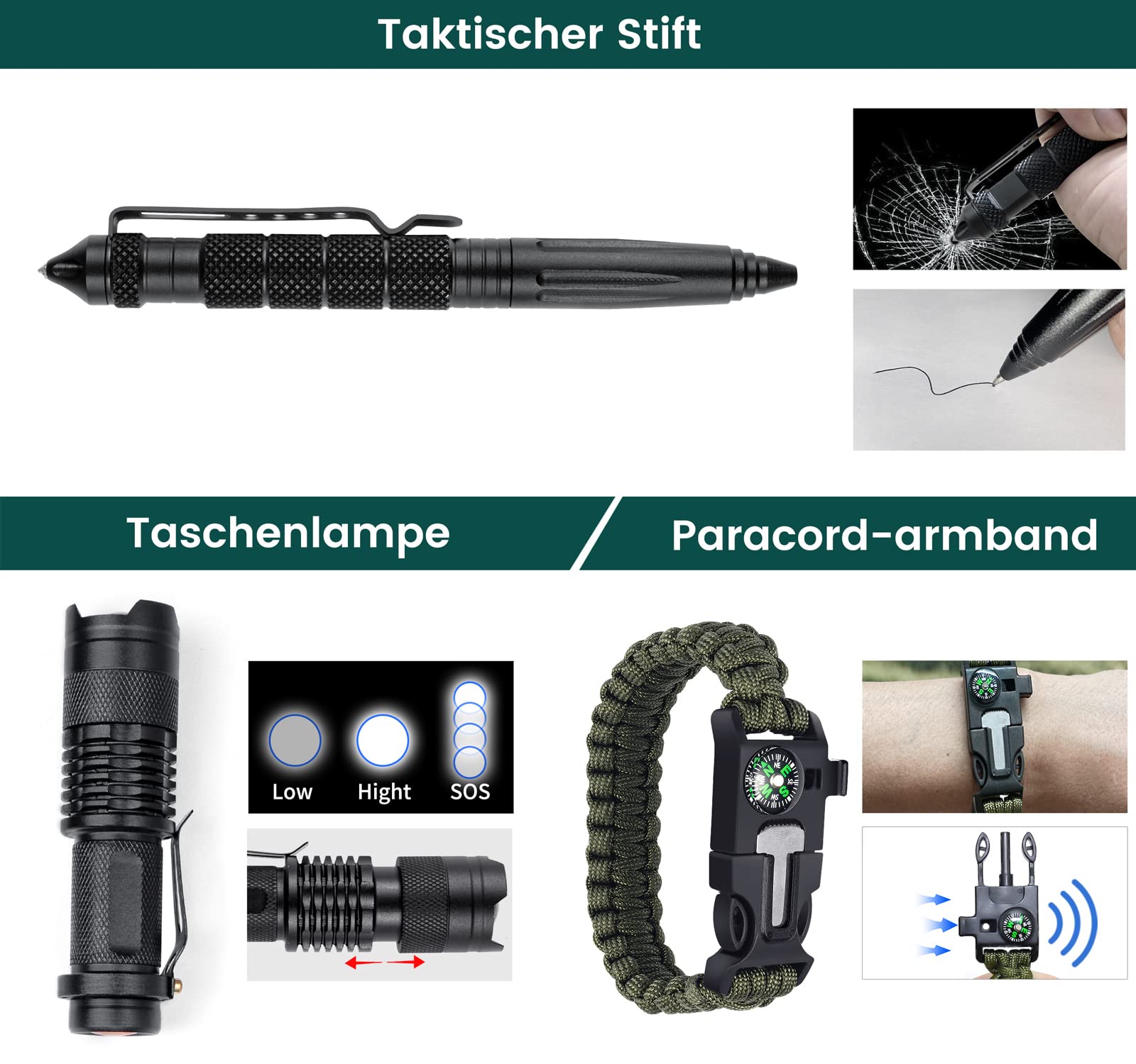 Kit Sopravvivenza Professionale, Kit Emergenza Sopravvivenza Guerra con Campeggio Accessori Survival Kit Perfetto per Campeggio Montagna Caccia, Avventura, Regali per Uomo Papà Lui Compleanno