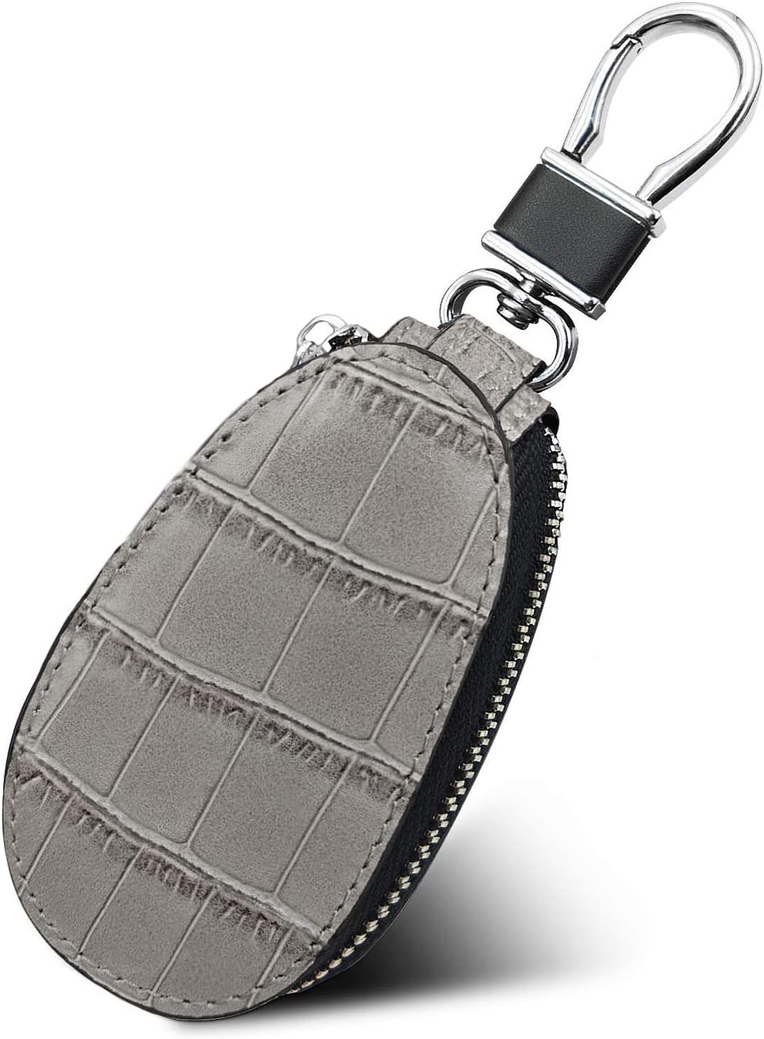 LUCKYCOIN Car Key Case Crocodile Pattern Top Grain Leather Universal Key Fob Holder Bag with Key Chain Metal Hook-Gray