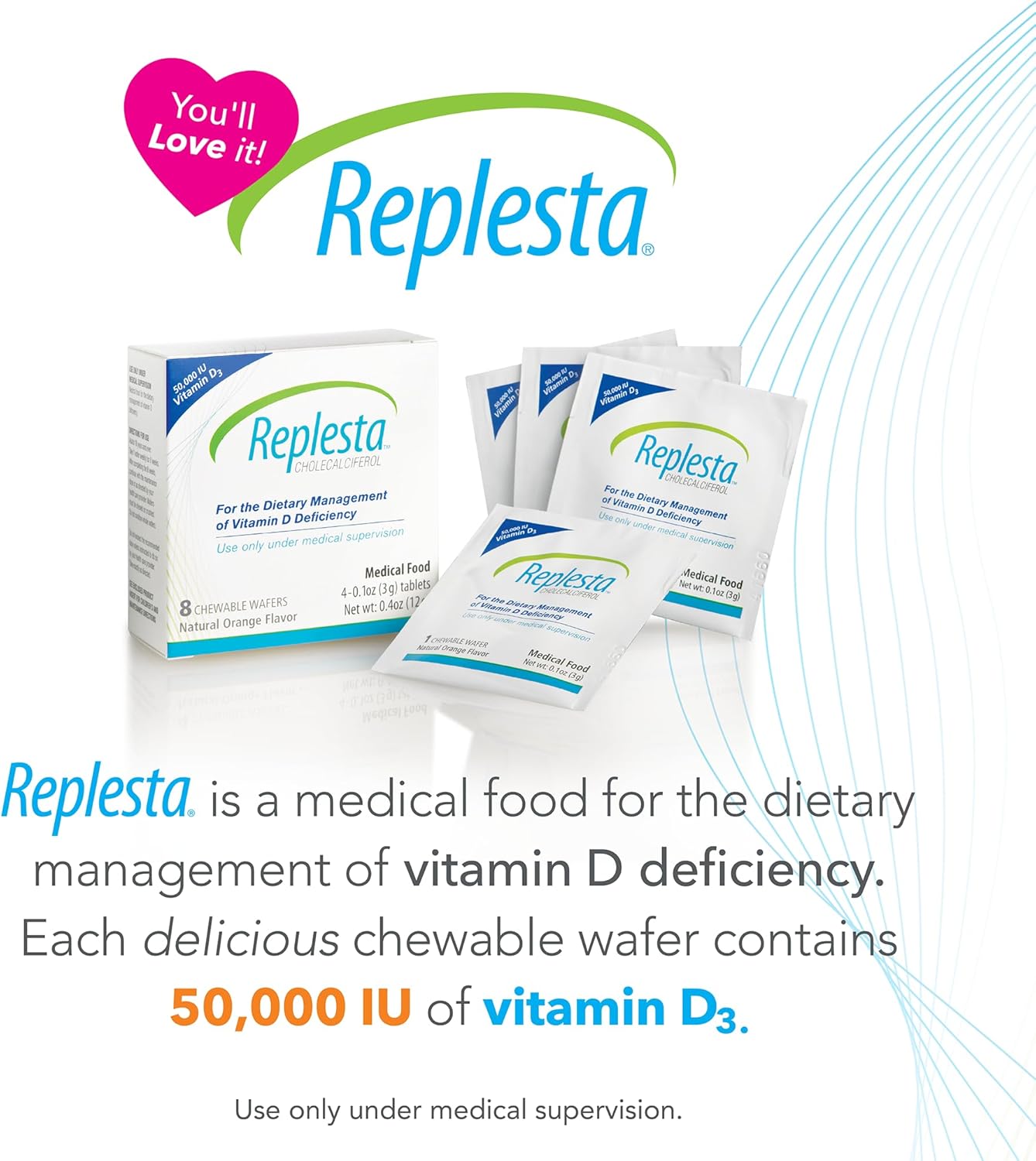 Replesta 50,000 IU Vitamin D3 Cholecalciferol, for Vitamin D Deficiency, Once-Weekly Chewable Wafer, Non-GMO, Natural Orange Flavor, 8 Count (Pack of 1)