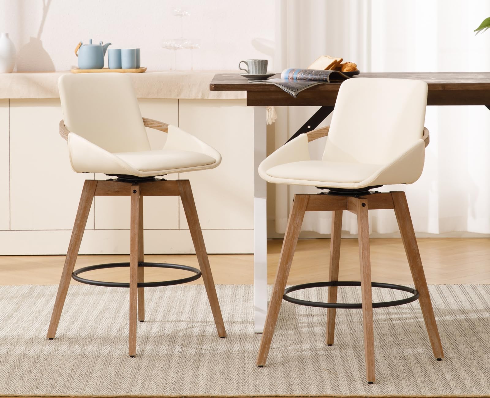 CIMOTA Leather Swivel Bar Stools Set of 2, Mid-Century Modern Counter Height Chairs with Faux PU Upholstery and Natural Wooden Legs for Kitchen Island