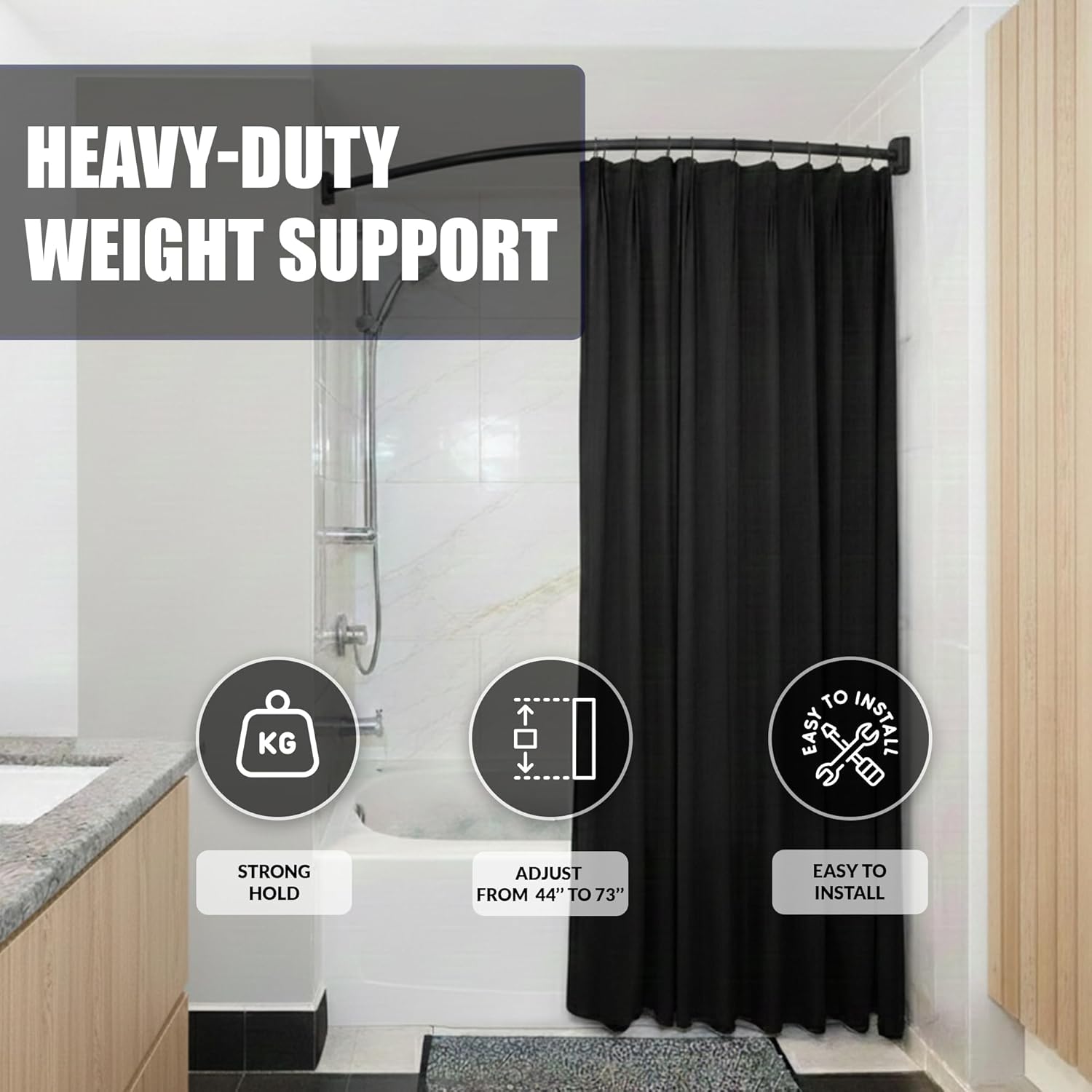 HIGHCRAFT Curved Adjustable Shower Curtain Rod, 44–73 Inch, Wall Mounted, Matte Black Finish