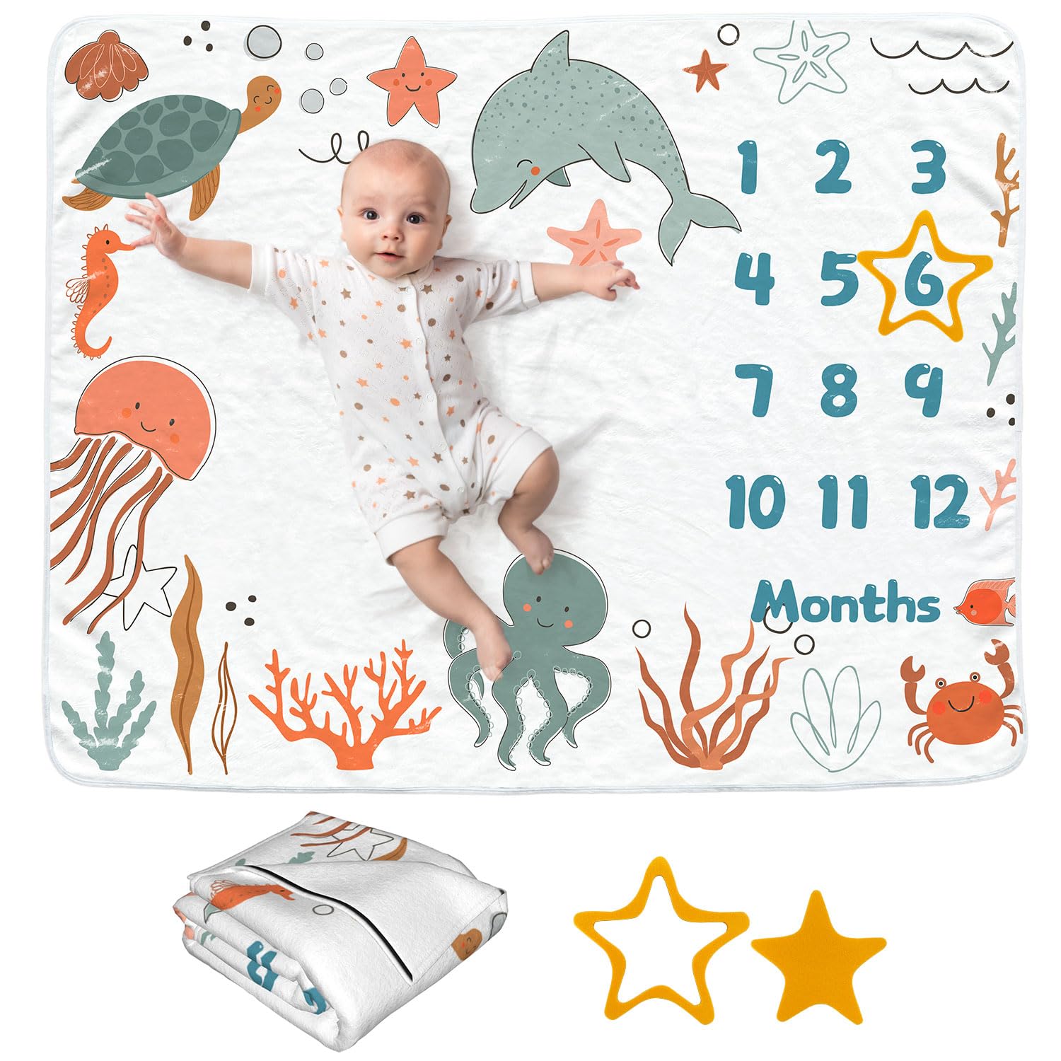 Ocean Baby - Manta mensual para niñas, manta de mes de recién nacido, manta de franela suave para fondo de fotografía, regalo de ducha personalizado, océano