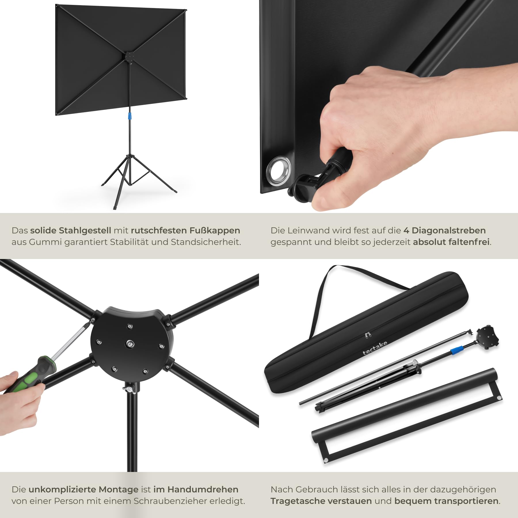 tectake® Beamer-Leinwand 72 Zoll mit Stativ, 160x90cm, Format 16:9, 4K HD, 160° Betrachtungswinkel, Gain Faktor 1.0, Projektionswand, Projektionsleinwand, Heimkino, Leinwand, mit Tragetasche