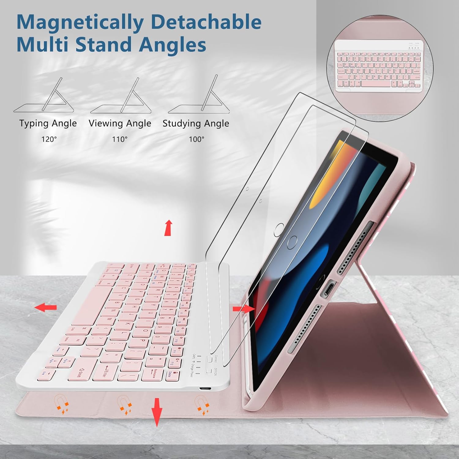 for iPad 9th Generation Keyboard Case 10.2" 2021, Magnetically Absorbent, Auto Sleep/Wake, Pencil Holder with 2 Tempered Film for iPad 8th/7th Gen 10.2" - Pink Cow