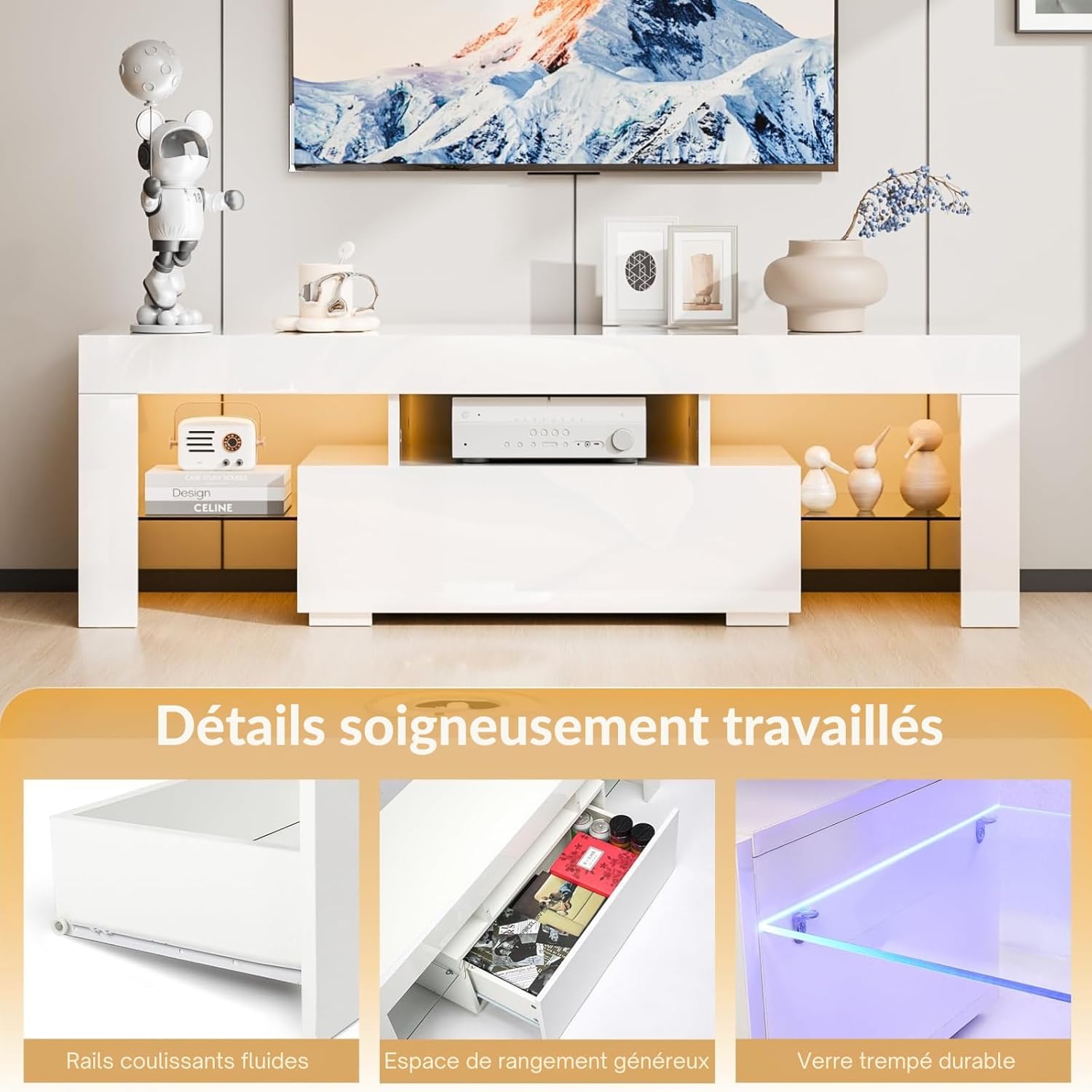 LED TV Unit, Lacquered TV Bench, 130 x 35 x 45 cm, TV Stand with Storage Cabinet in Glass, Suitable for Living Room or Bedroom (White)