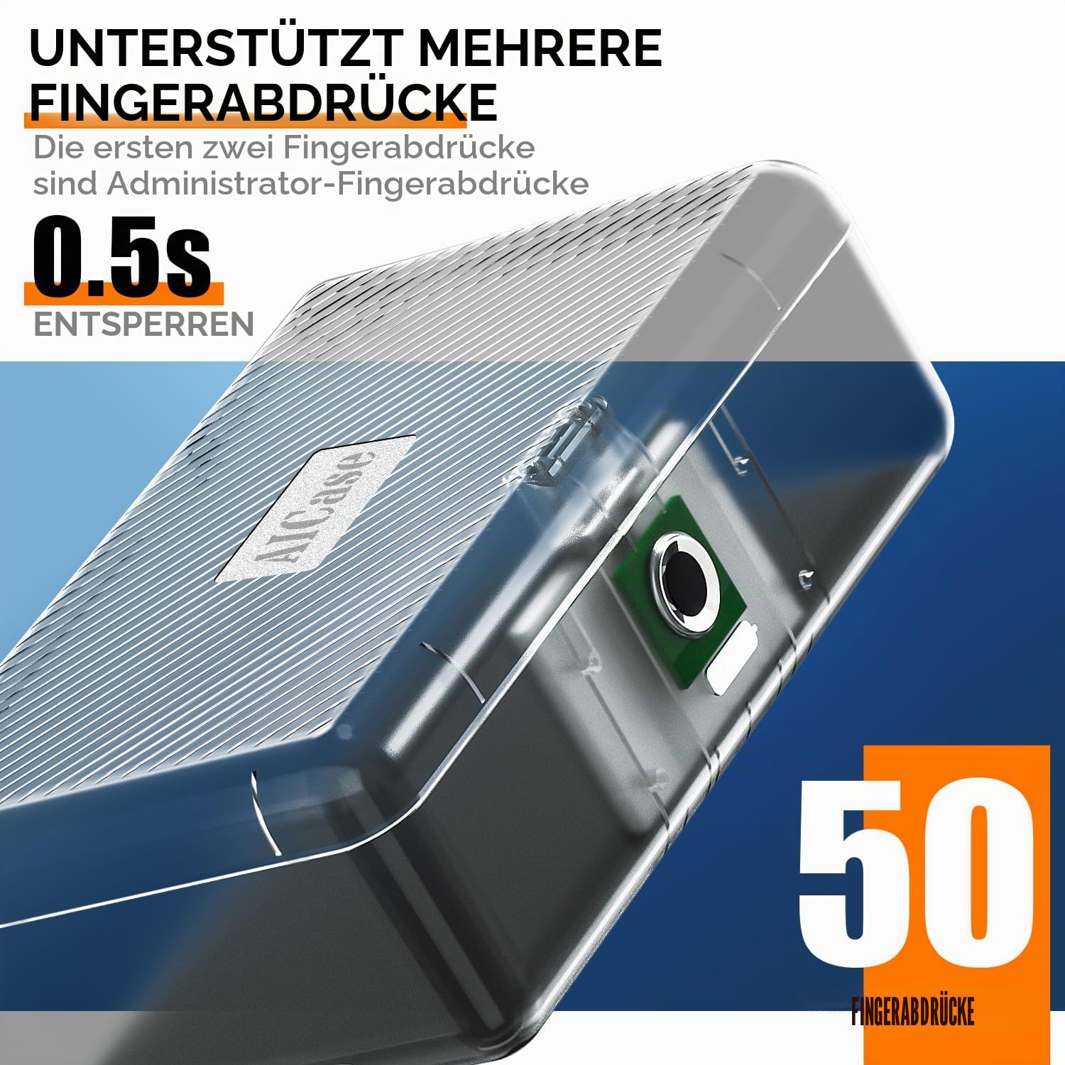 AICase Safe mit biometrischer Fingerabdruckerkennung für Reisen und Zuhause, Tragbare Sicherheitsbox mit Fingerabdruck und Morsecode, Geldkassette, Sicherheitssafe, Tresorfach, Klar