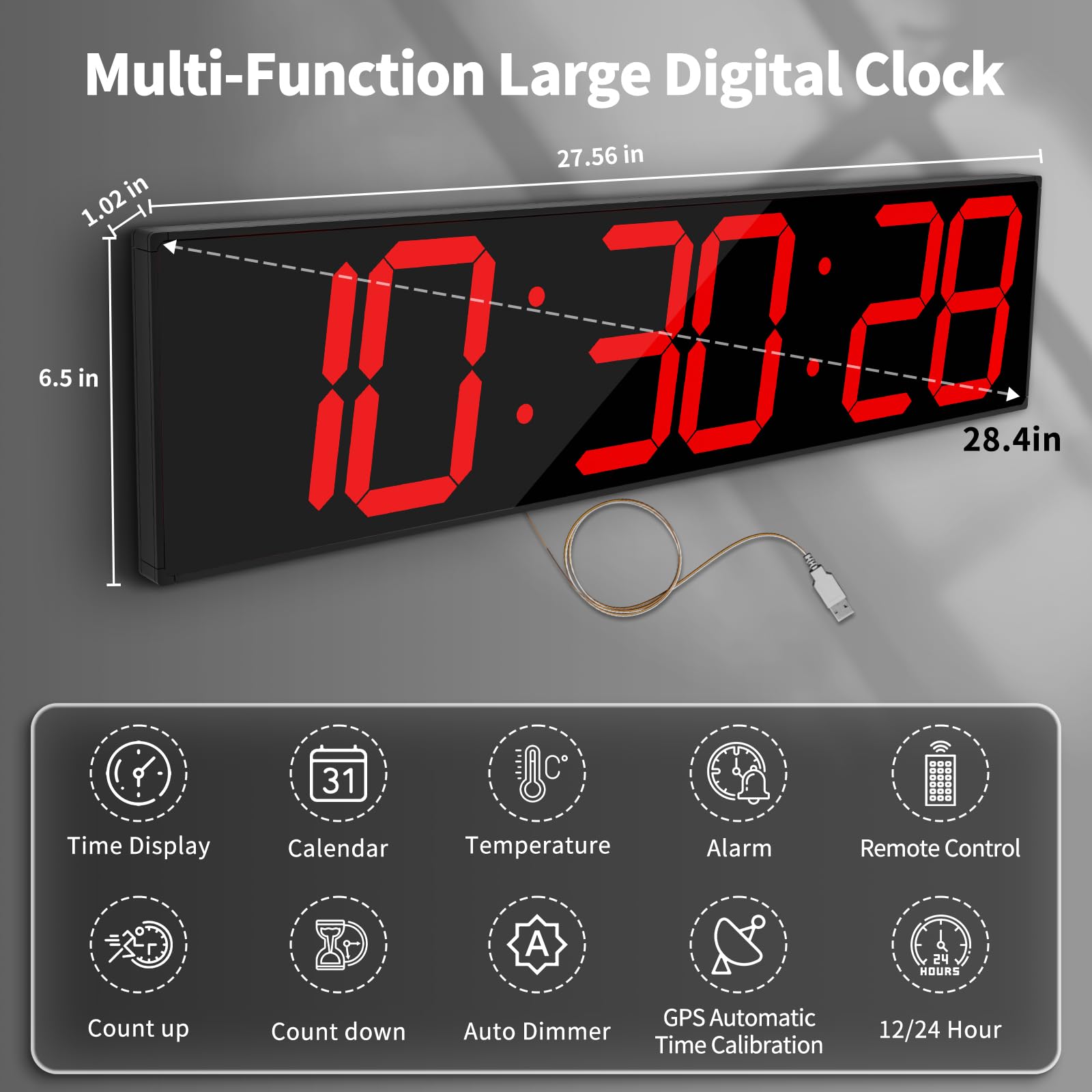 CHKOSDA Grande orologio da parete digitale da 68 cm, sincronizzazione automatica dell'ora con funzionamento facile, orologio da palestra con timer per allenamento a intervallo, grande orologio da
