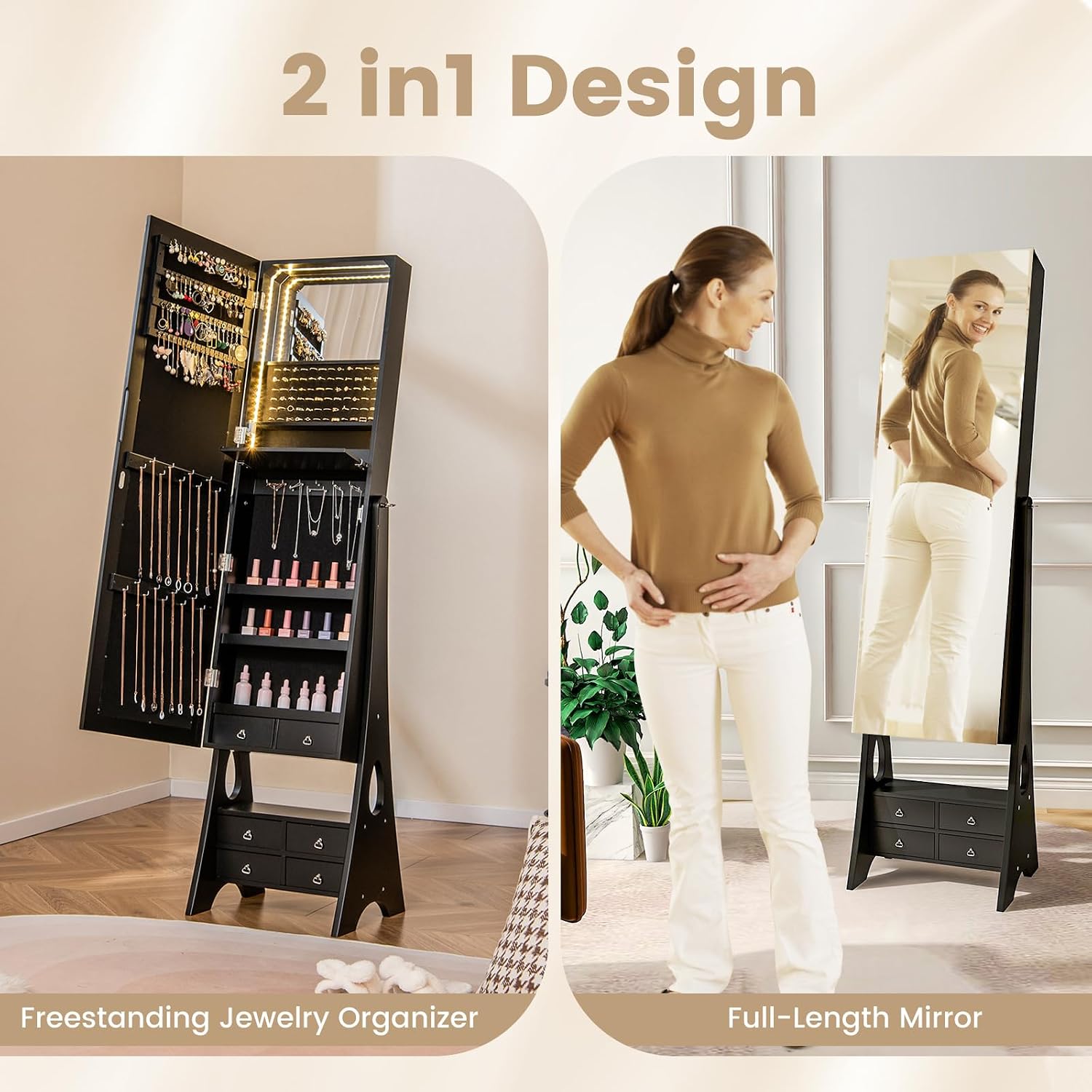 GOFLAME Jewelry Cabinet Freestanding, 3-Color LED Jewelry Armoire with Full-Length Frameless Mirror, Foldable Shelf, Bottom Shelf & 6 Drawers, 3 Adjustable Angles, Built-in Mirror, Lockable, Black