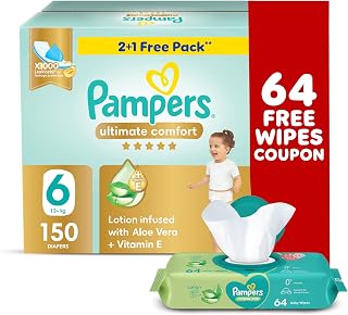 Pampers Ultimate Comfort Taped Diapers, Size 6, 13+kg, x1000 Leak Locks Technology for Leakage Protection, Giga Box, 150 Count with free Aloe Vera Lotion wipes, 64 Wipe Count
