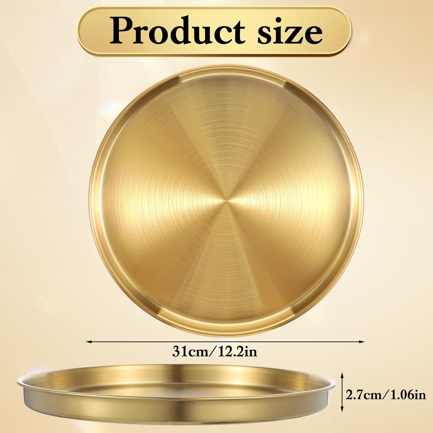 3 Pack Gold Round Serving Tray 12 Inch Stainless Steel Gold Circle Tray Metal Jewelry Makeup Organizer Dishes for Bathroom Decorative Perfume Countertop