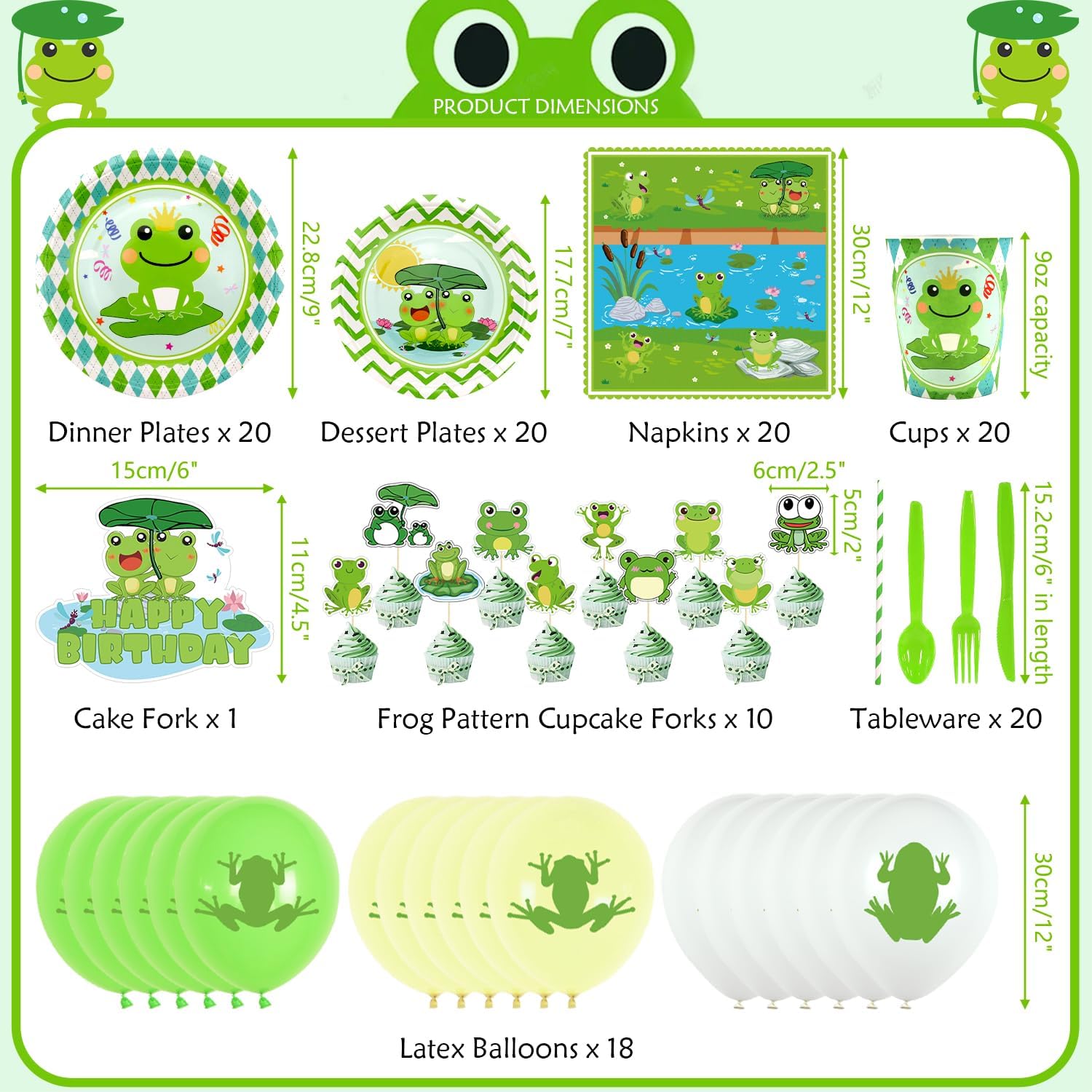KEFAN Frog Birthday Party Decorations, Frog Party Supplies Tableware including Frog Background, Paper Plates, Balloons for Green Frog Camping Baby Shower Kids Birthday Dinnerware Party, Serves 20