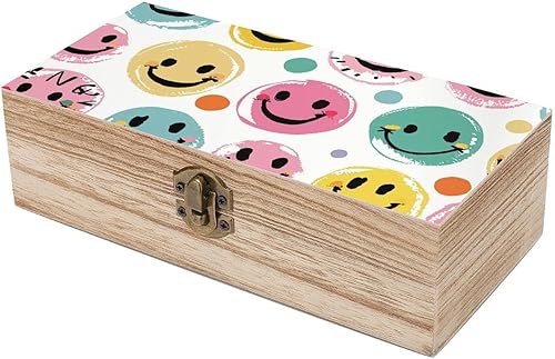 Miniatura 7 de Caja de almacenamiento de madera con cara sonriente de color pastel con cerradura con bisagras, baúl decorativo hecho a mano para recuerdo,