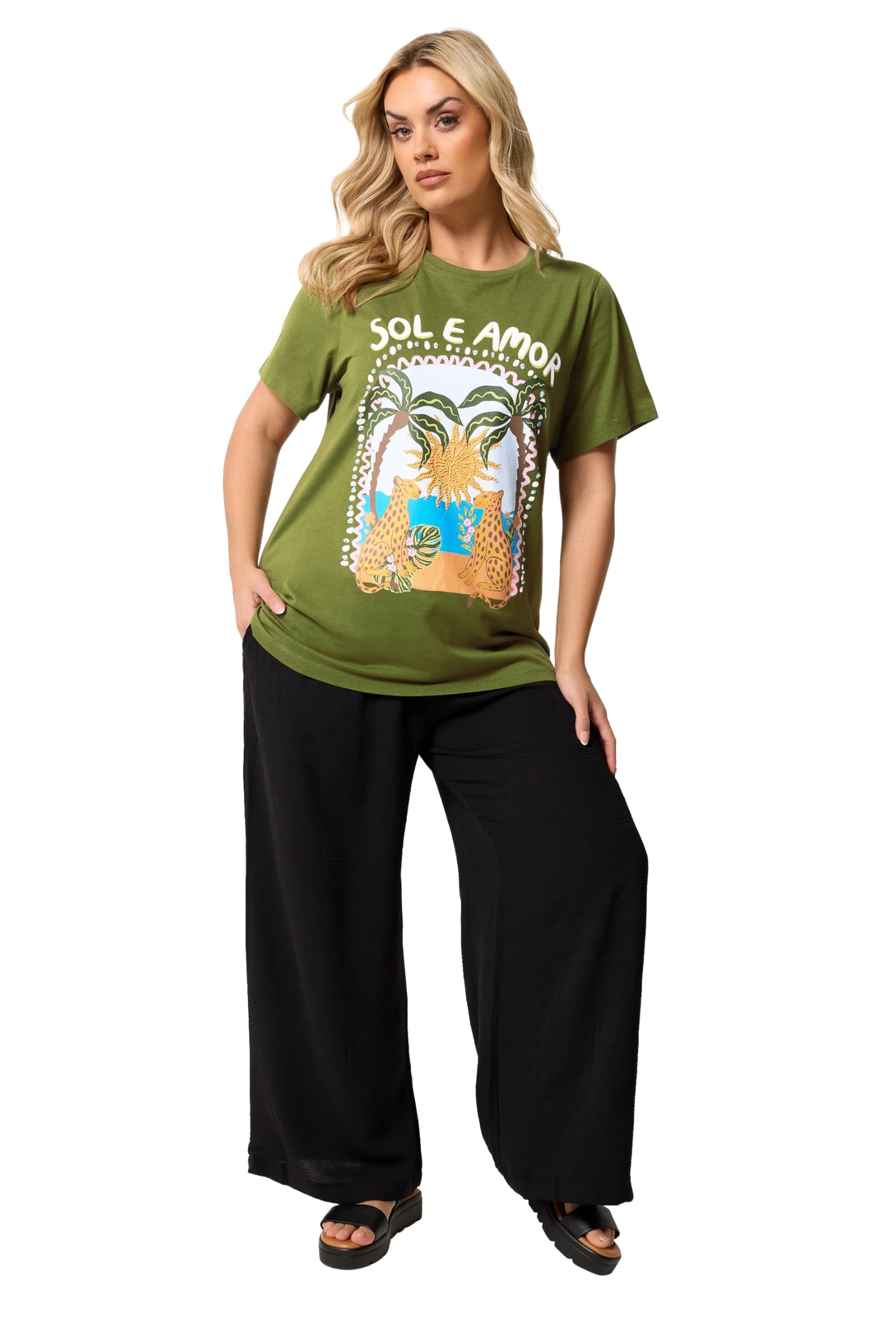 Yours Women's Graphic Printed T-Shirt in Olive | Size: 22-24