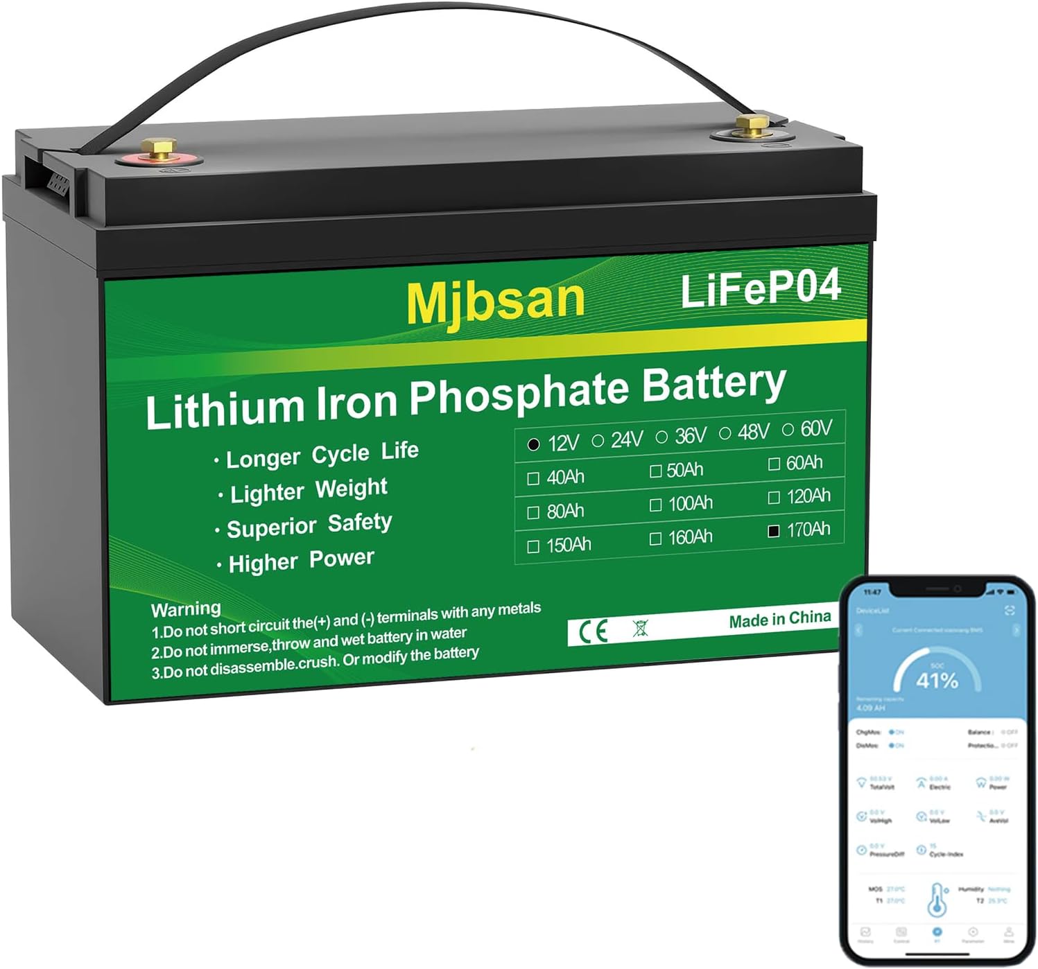 Mjbsan 12V 170Ah LiFePO4 Battery, Built-in 150A BMS with Low-Temp Protection, Group 31 Deep Cycle Lithium Battery, Up to 15000 Cycles, Perfect for Trolling Motor, RV, Solar Power, Off-Grid, Marine