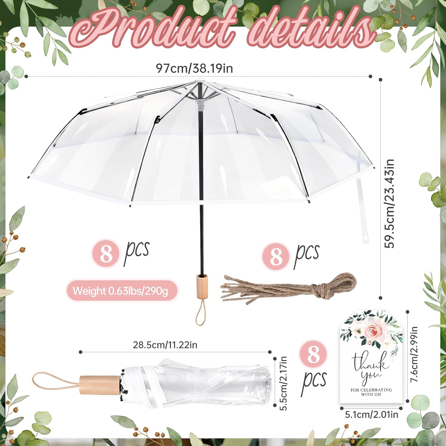 Clear Wedding Umbrellas with Thank You Cards – Transparent Folding Umbrella for Wedding Decoration, Windproof & Rainproof for Bridal Shower, Wedding Bride Groom Photography