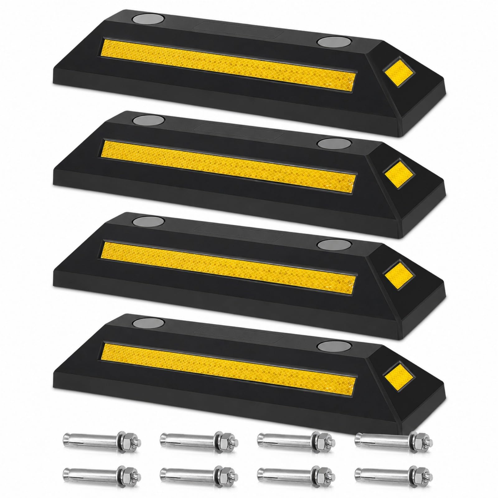 4 Stück Gummi Radstopper 54 x 15 x 9 cm mit Bodenankern | Präzise Einparkhilfe aus wetterbeständigem Gummi mit Reflektorstreifen für Garage, Stellplatz und Außenbereich.