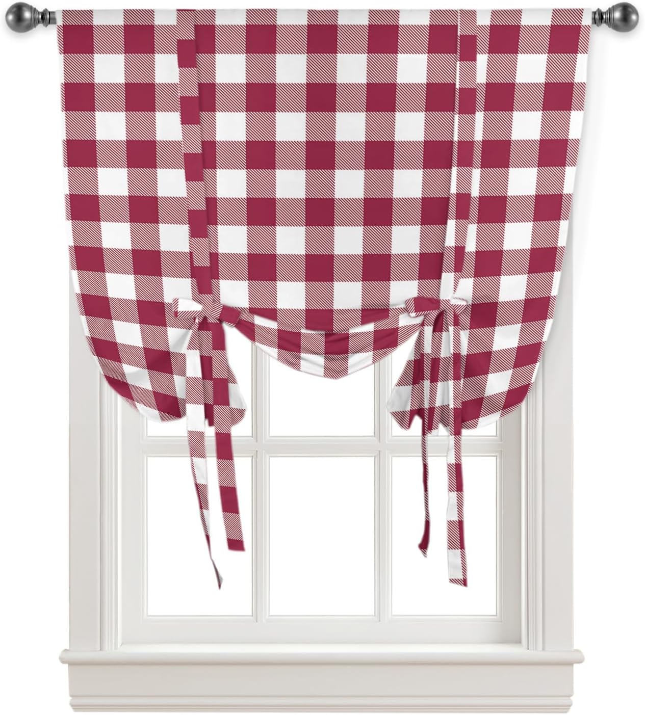 YOKOU Bow Look Tie Up Balloon Curtain, Country Style Red Buffalo Check Adjustable Rod Pocket Window Shades Drape for Living Room, Bedroom，Kitchen 1 pcs 46 x63 inch