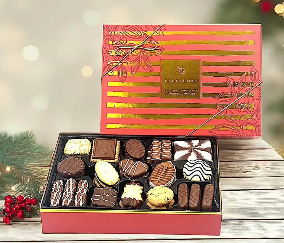 Belgian Chocolate Gift, European Belgian Chocolate covered Cookies Luxury Assortment of Cookies, Gourmet Snack Food Box/Basket in Keepsake Gift Box