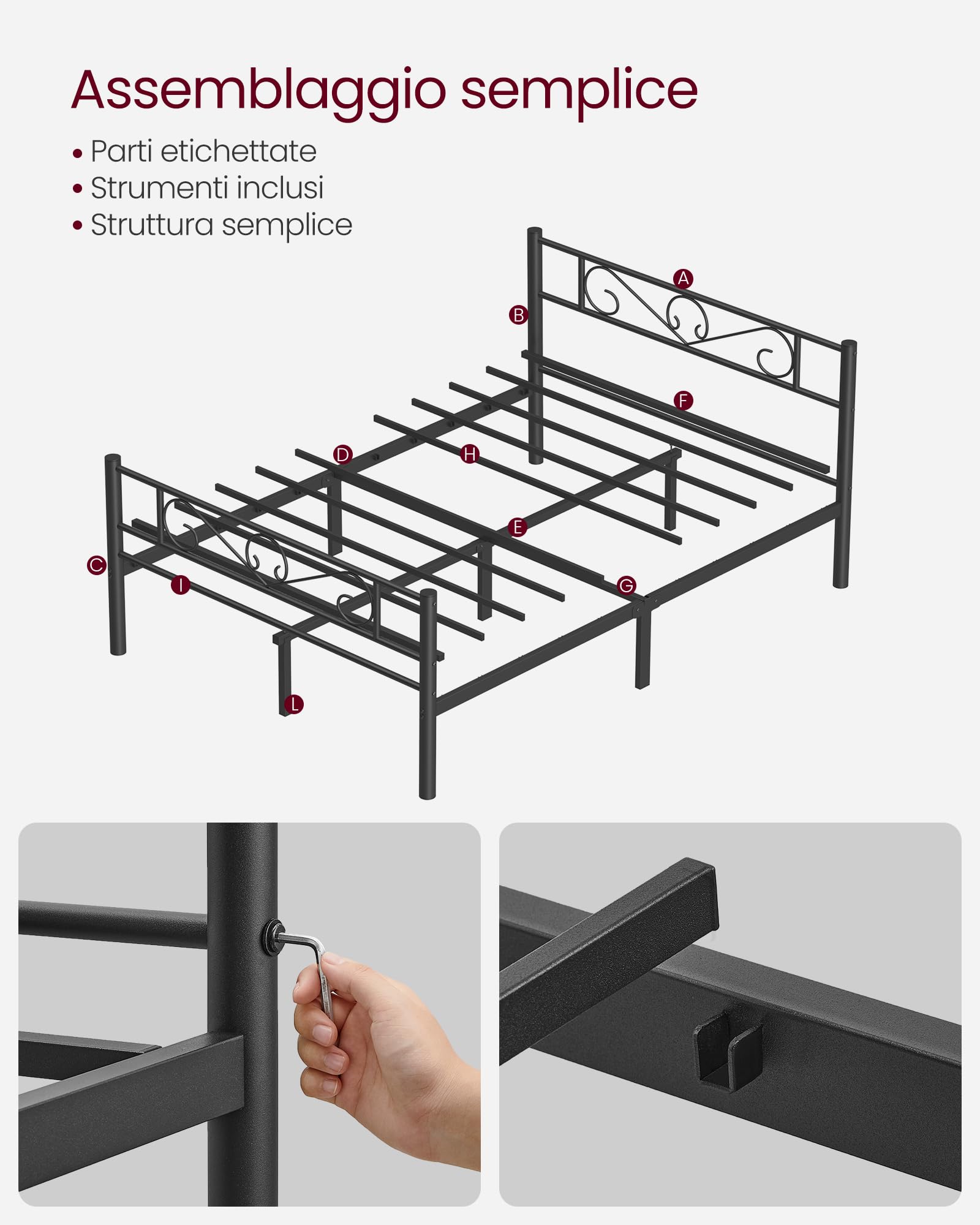 VASAGLE Struttura Letto Matrimoniale, Letto a Doghe in Metallo per Materassi di 160 x 190 cm, per Stanza di Ospiti, Montaggio Facile, per Spazi Piccoli, Nero Inchiostro RMB069B01