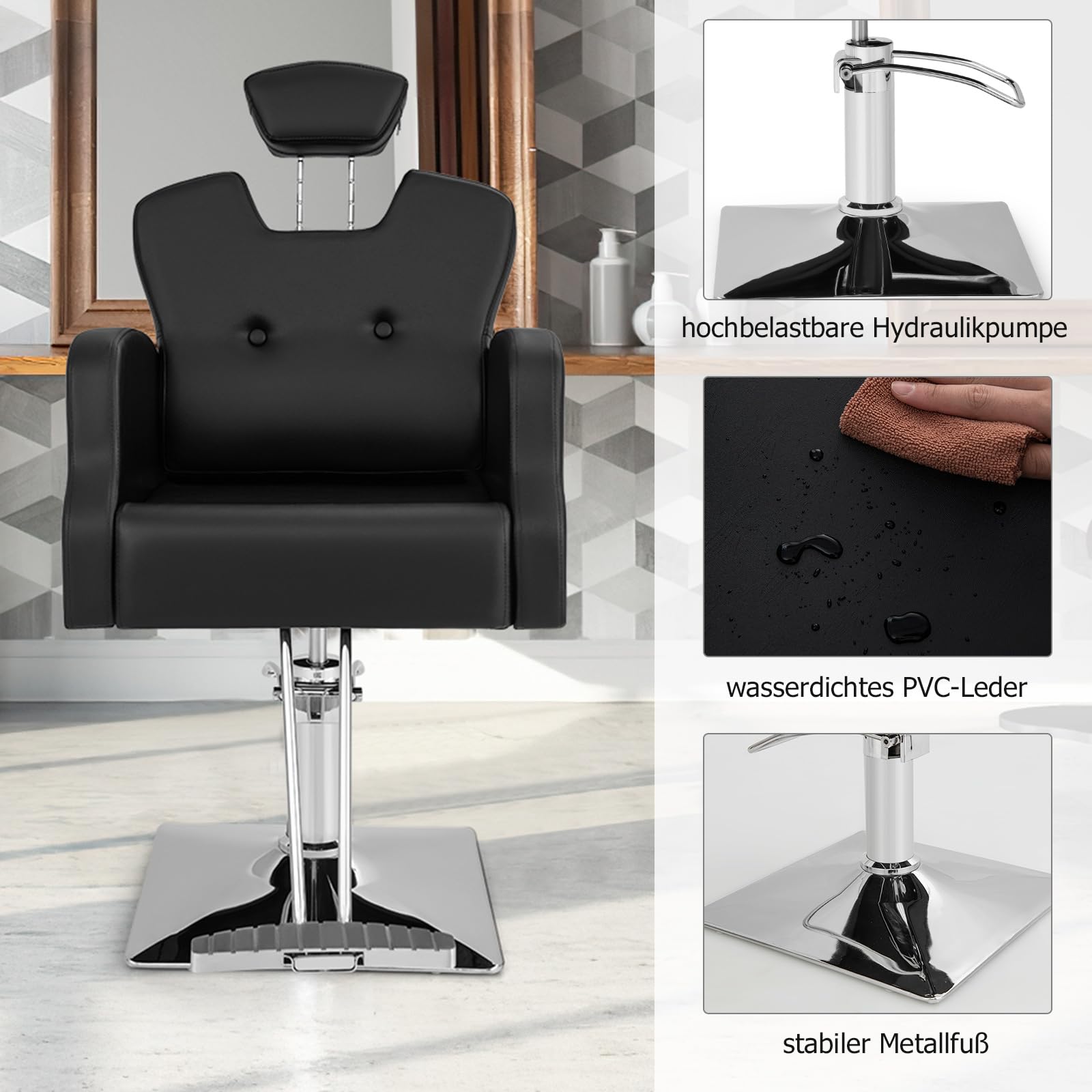 COSTWAY Friseurstuhl mit Kopfstütze, Rückenlehne und Hydraulikpumpe, Salonstuhl höhenverstellbar, Friseursessel 360° Drehung, Bedienungsstuhl belastbar bis 150kg