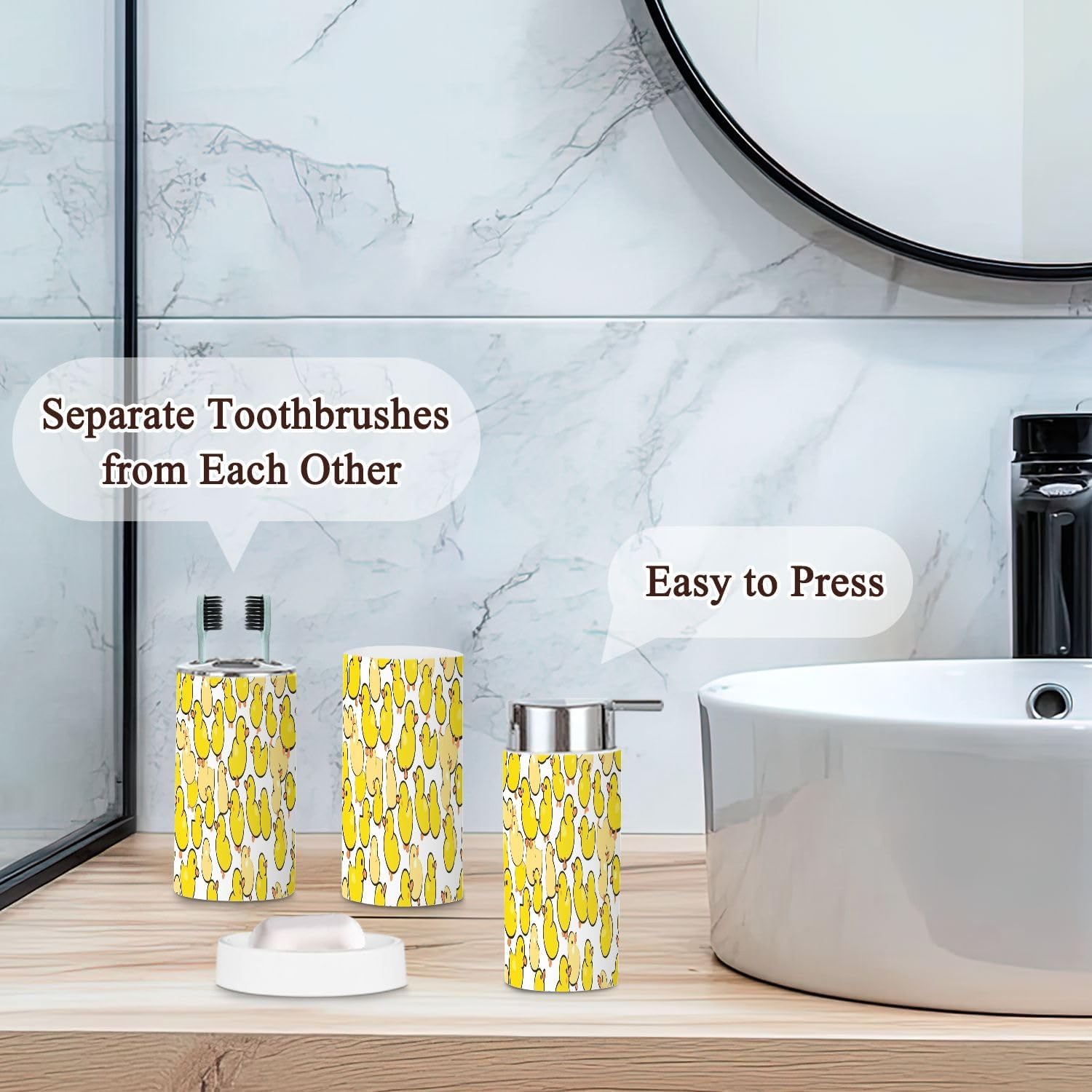 Bathroom Accessories Set 6 Pcs Duck Seamless Pattern Rubber Ducky Cartoon Bird Bath Shower Repeat Toothbrush Holder Cup Soap Dispenser Soap Dish Toilet Brush Holder Trash can for Countertop Decor