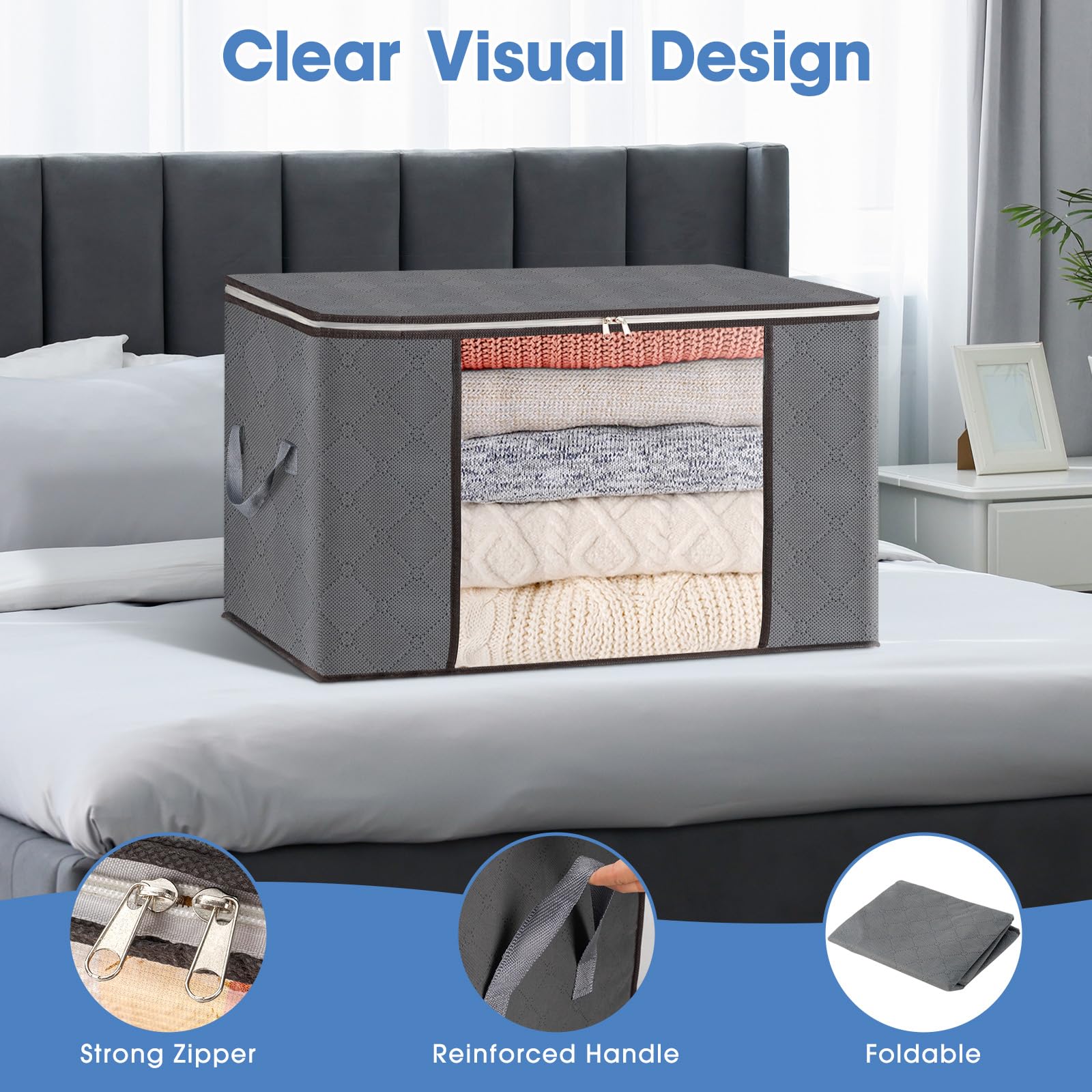 AIOR 6pcs Scatole per Armadio Salvaspazio, 90L Grande Capacità Borsa Porta Abiti con Finestra Trasparente, Pieghevole Traspirante Organizzatore Borsa per Trapunte, Coperte, Biancheria da Letto