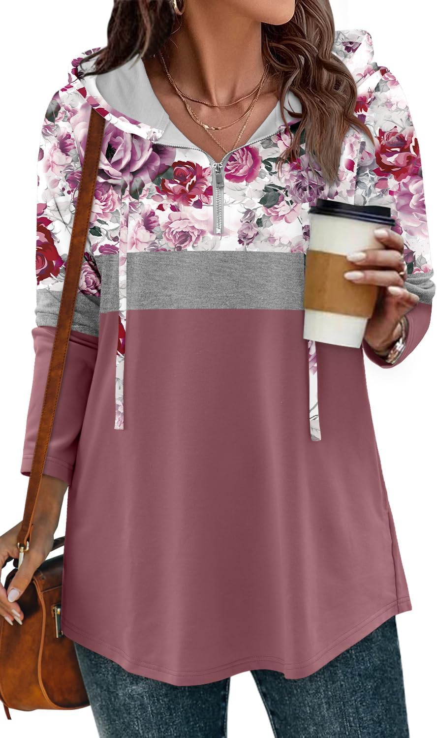 BETTE BOUTIK Womens Quarter Zip Tunic Hoodies Pullover Long Hooded Sweatshirts S-3XL - Image 2