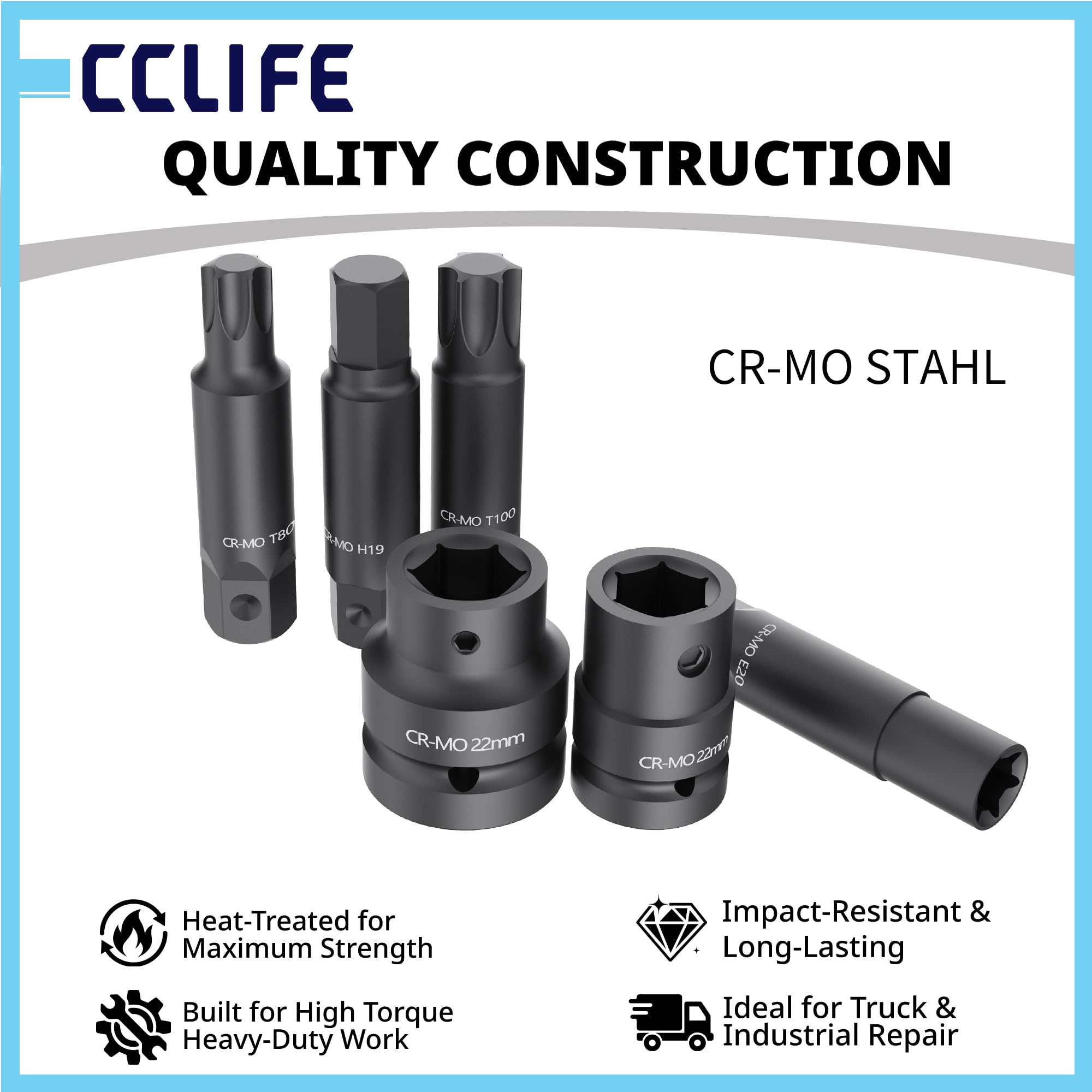 CCLIFE Zestaw wykrętaków śrub do samochodów ciężarowych, 16-częściowy, napęd 3/4" i 1", długość 107 mm stal CR-MO, gniazdo sześciokątne Torx E-profil, do naprawy pojazdów użytkowych i wkrętarek