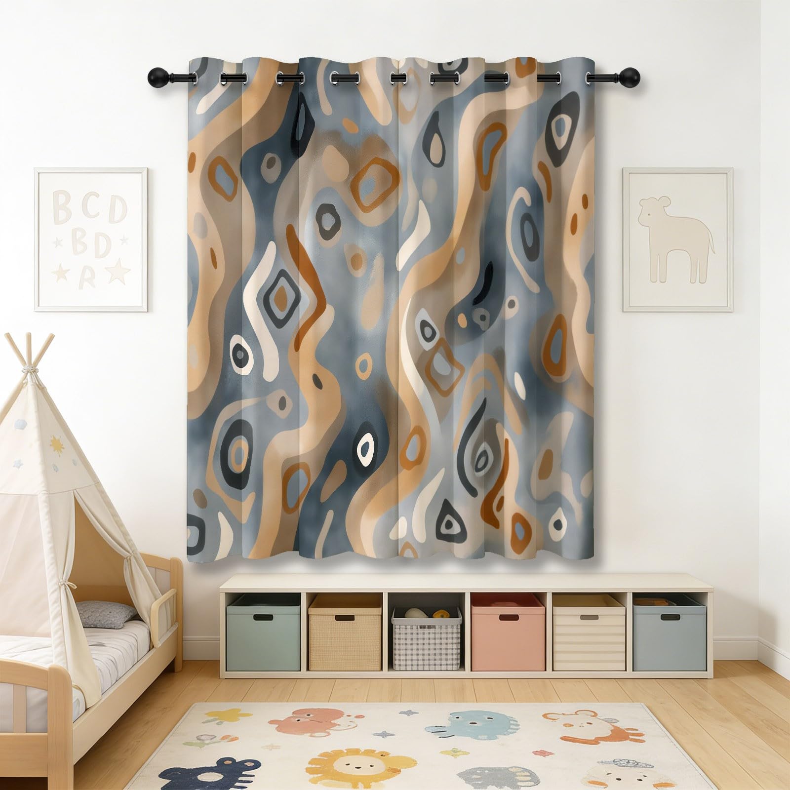 Rideaux Occultants Isolants Anti-Froid 91.5L X 160H cm (2 Panneaux), Design Géométrie Tribale Traditionnelle, Tenture à Œillets Opaque pour Salon et Chambre, Gris-Bleu Brun