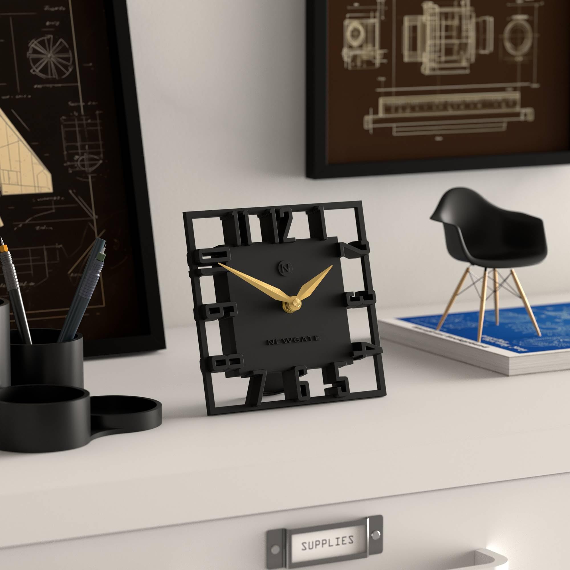 NEWGATE® Highline Reloj de Escritorio | Reloj Esqueleto Cuadrado | Negro | Estilo Moderno de diseño para Escritorio, encimera, repisa, estantería o mesilla | para Cocina, salón, Oficina