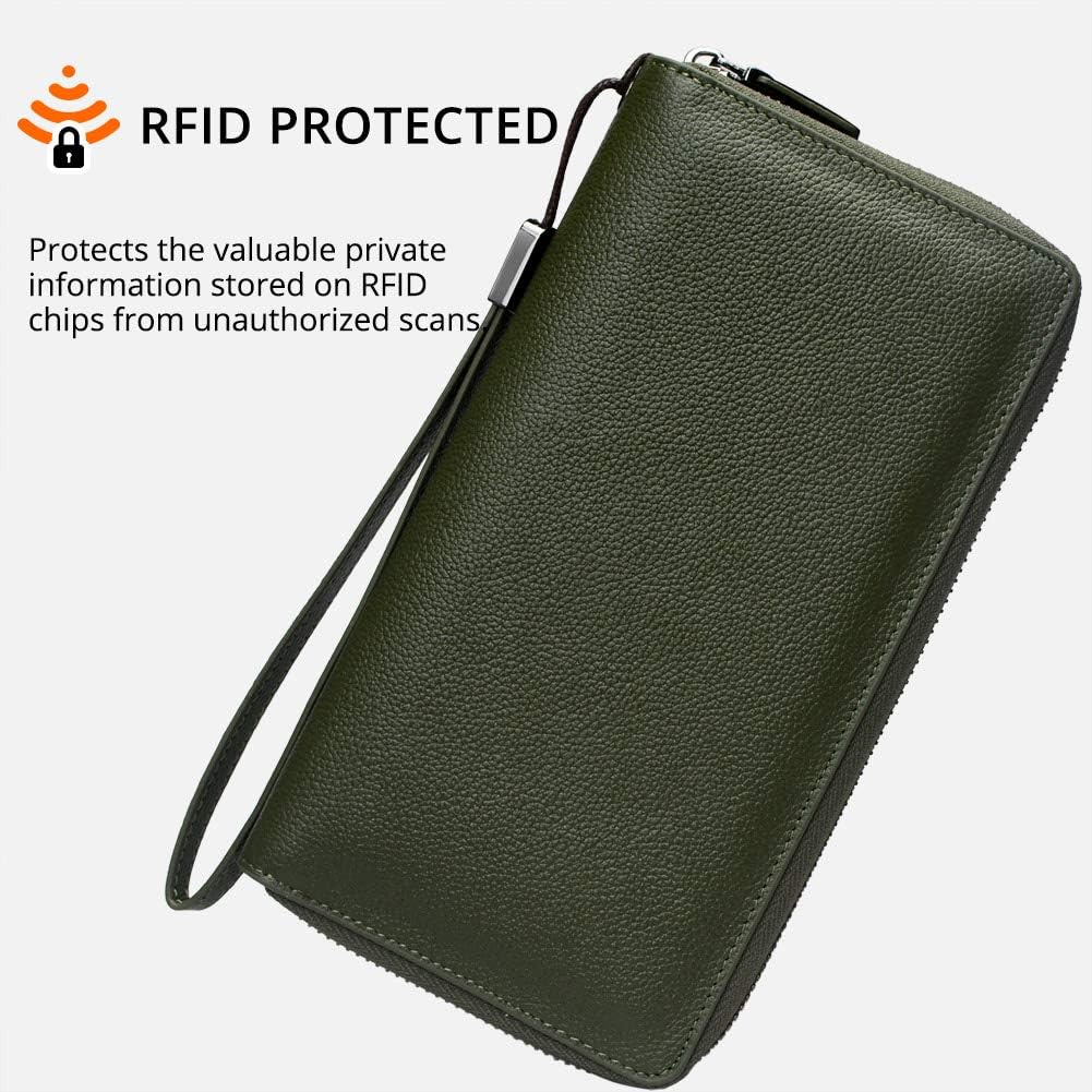 Women's Genuine Leather RFID Blocking Zip Around Wallet with Phone Pocket Large Capacity Travel Wristlet (Olive Green)
