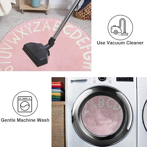 Miniatura 4 de Alfombra redonda rosa para dormitorio de niñas, 47 x 47 pulgadas, alfombra lavable ABC para guardería, alfombras para niños pequeños con pompones y