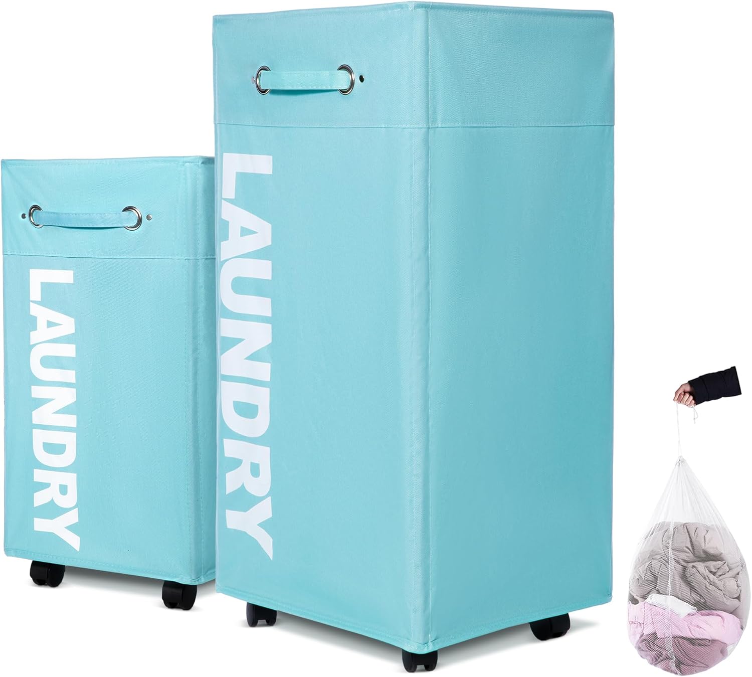 Caroeas 30-inches Rolling Laundry Basket with wheels XLarge, Collapsible Laundry hamper on Wheels Tall Thin Narrow Foldable Storage Bins for Corner 30" Pro+ Light Blue/Pro