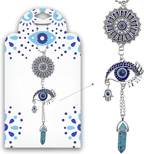 Miniatura 13 de LUCKBOOSTIUM Adorno plateado contra el mal de ojo con cadena de bolas con cristal azul, mano de Hamsa, piedra colgante – para buena suerte y Piedra