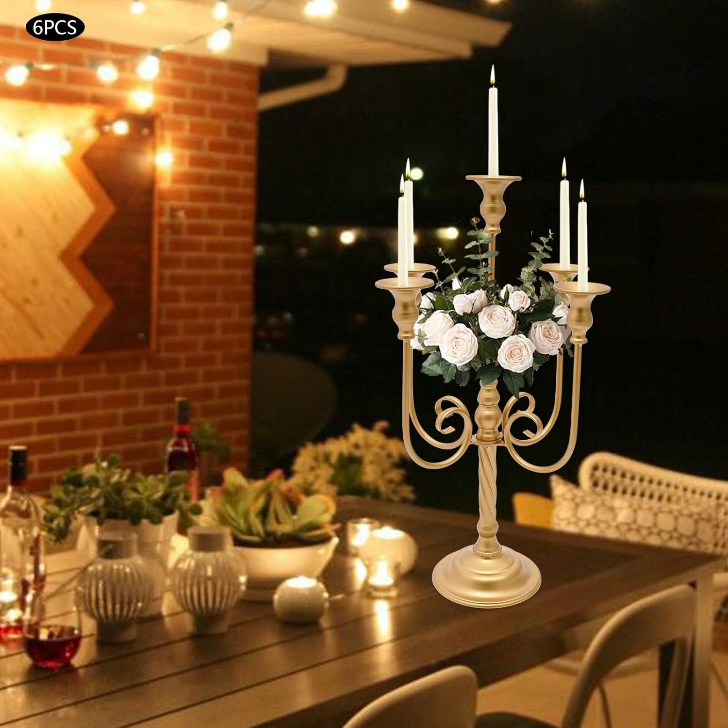 5 Arm Gold Candle Holder, 6 Pcs Vintage Gold Candelabra Centerpieces for Wedding, 19.7" H Romantic Candlestick Ornaments for Christmas, Valentine, Party, Candlelight Dinner (19", 5 Arm)