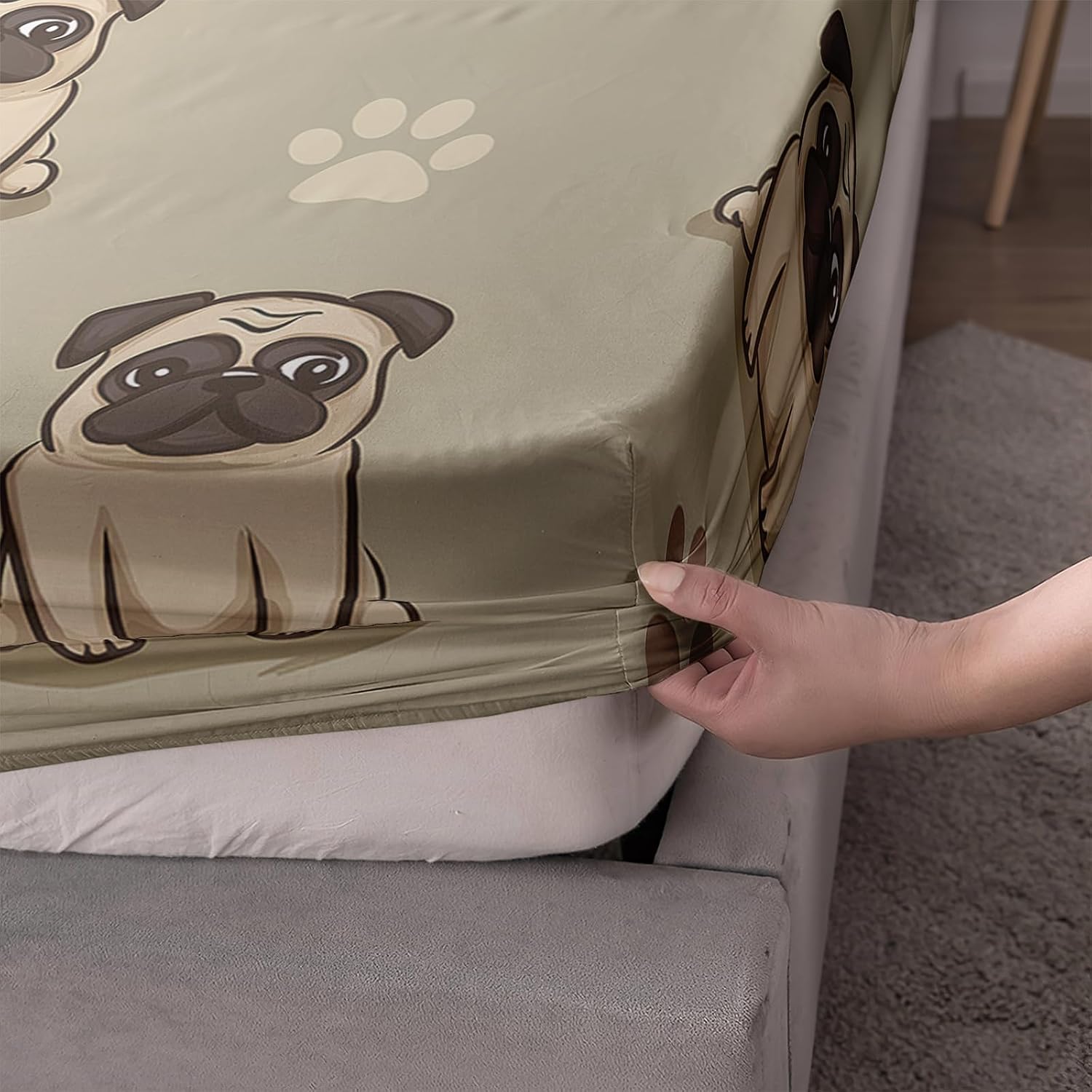 AILONEN Cute Cartoon Puppy Fitted Sheet Set Full Size for Kids Teens - Kawaii Pug Dogs Bedding Set - Khaki Animal Theme Bed Sheet with 2 Pillowcases