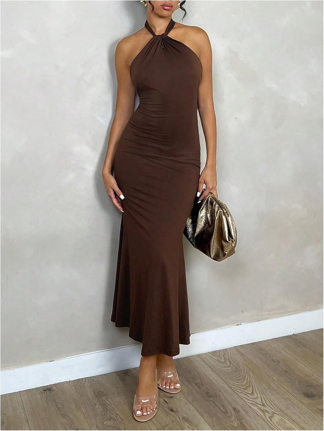 GORGLITTER Women's Open Backless Wedding Guest Dress Ruch Sleeveless Ribbed Bodycon Halter Maxi Dresses - Image 2