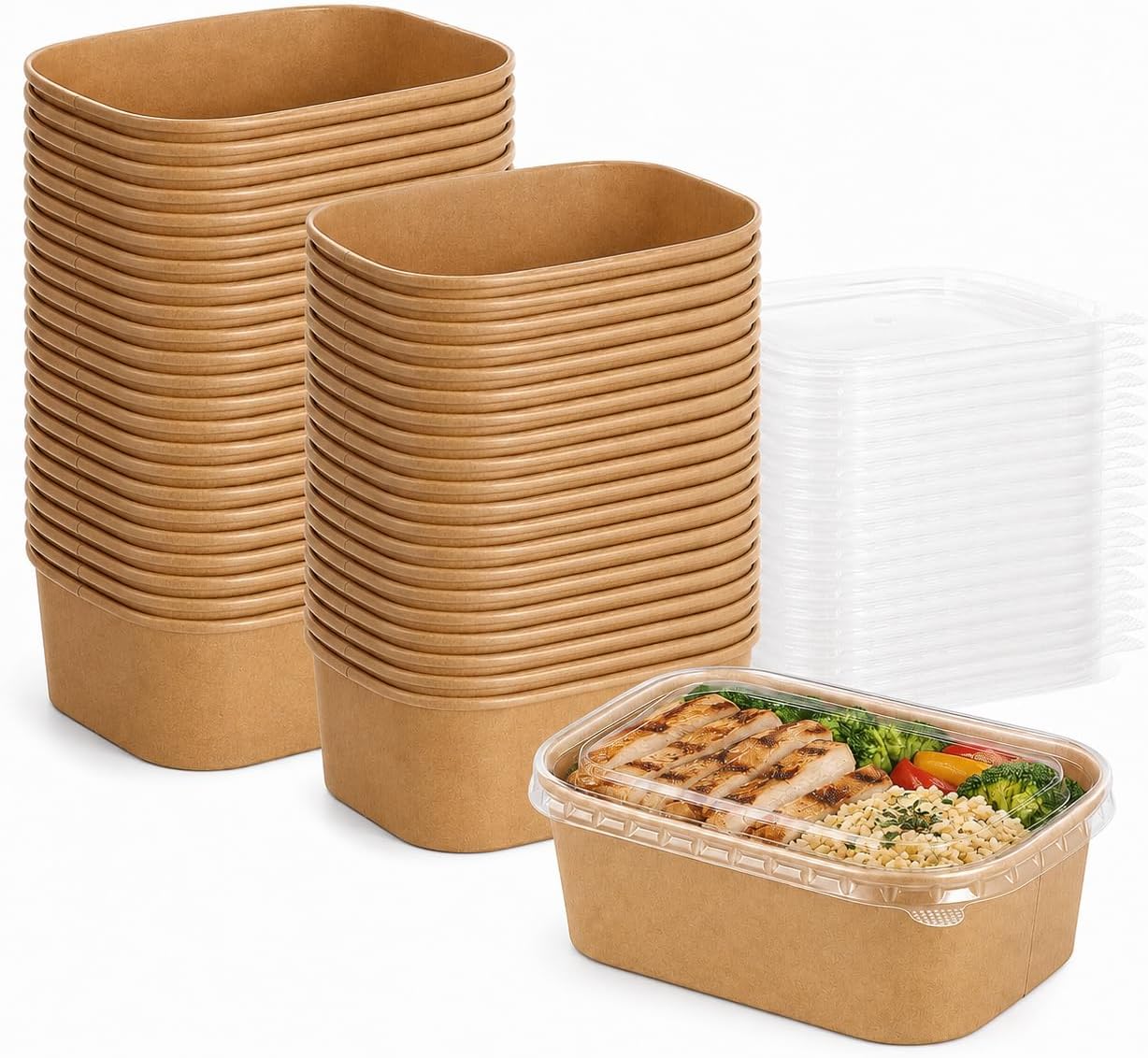 50 Pack 25 oz Rectangle Disposable Kraft Paper Bowls with Lids